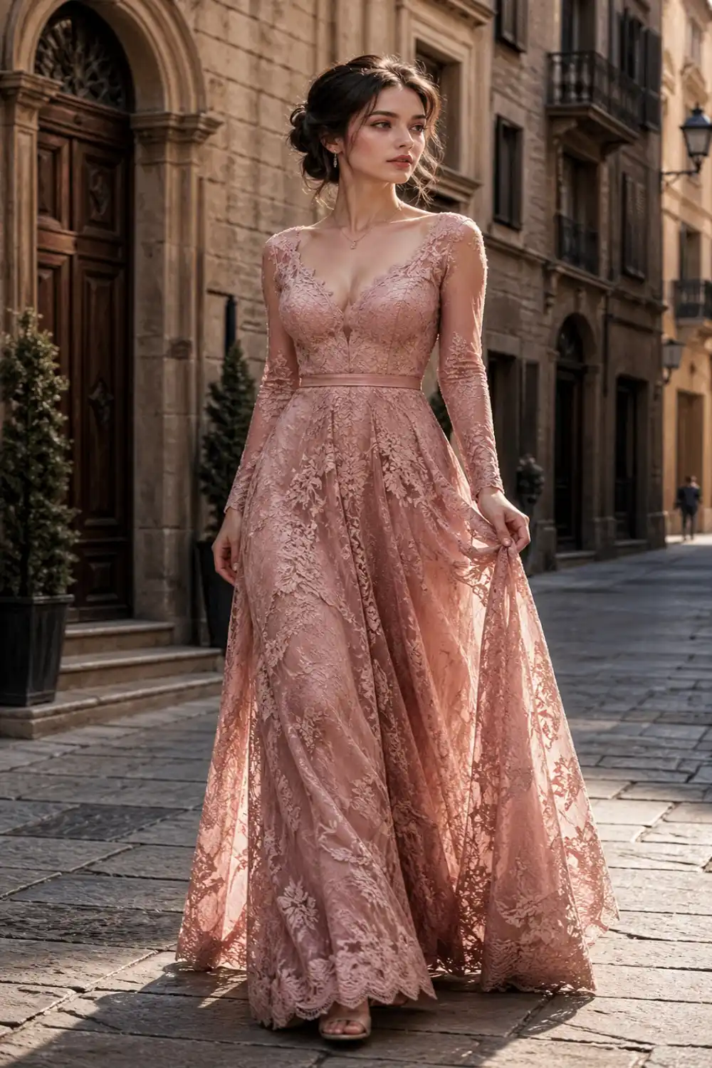 dusty rose lace gown outfit in old street setting, romantic flowing lace dress, elegant feminine evening wear, vintage inspired fashion look, soft aesthetic lace styling