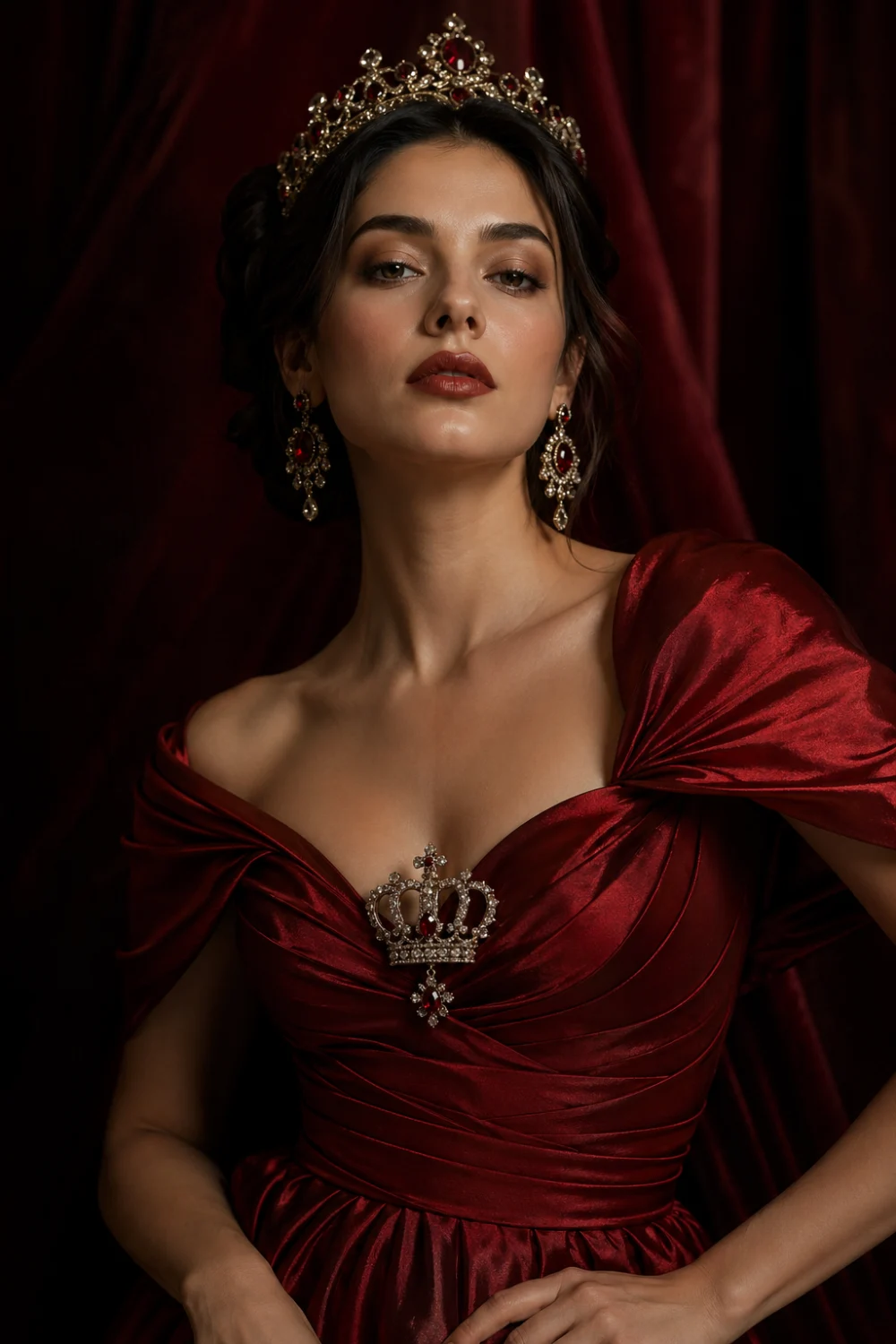 Model in a luxurious red gown styled with a regal crown crystal brooch at the center, dramatic lighting, royal aesthetic, bold and elegant fashion styling