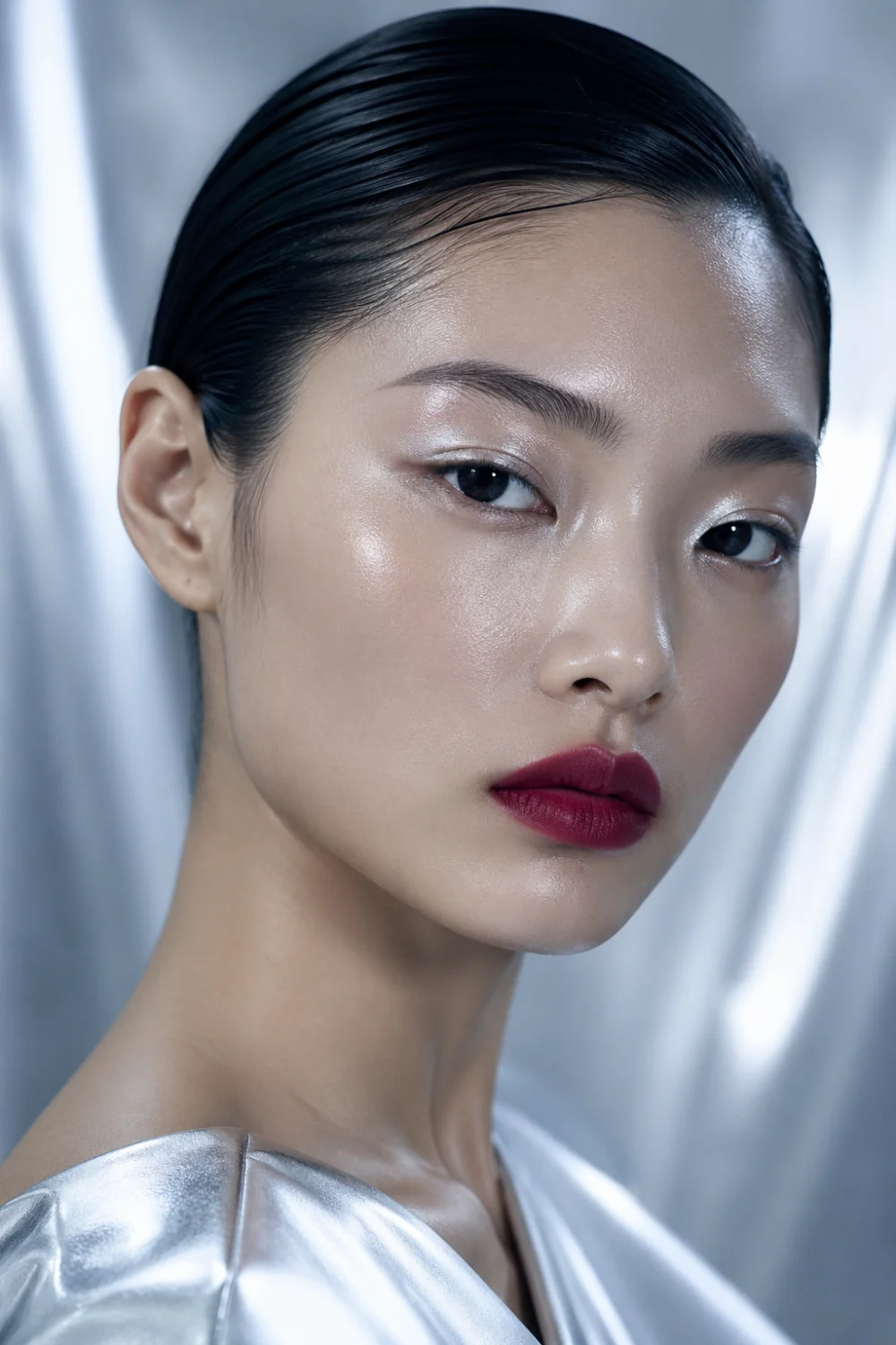 Cool toned red lipstick beauty look with slicked back hair, luminous glass skin, subtle metallic eye highlights, silver toned background, modern elegant makeup aesthetic