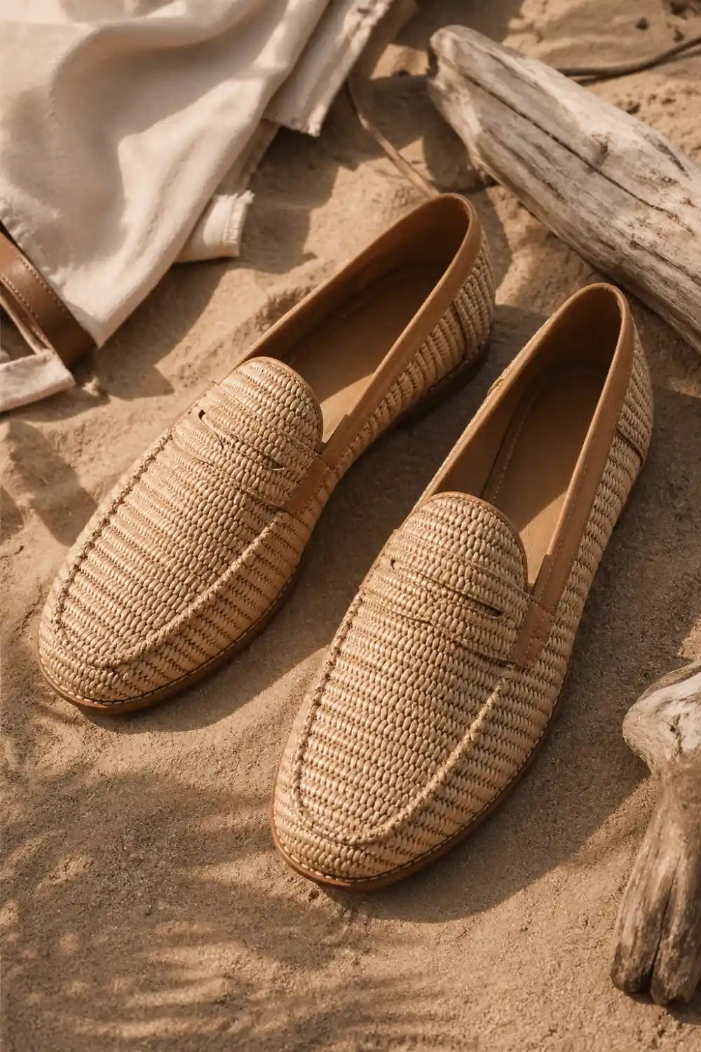 Woven raffia loafers placed on sandy beach surface with natural elements, textured summer footwear, neutral earthy tones, relaxed luxury style perfect for vacation outfits and warm weather looks