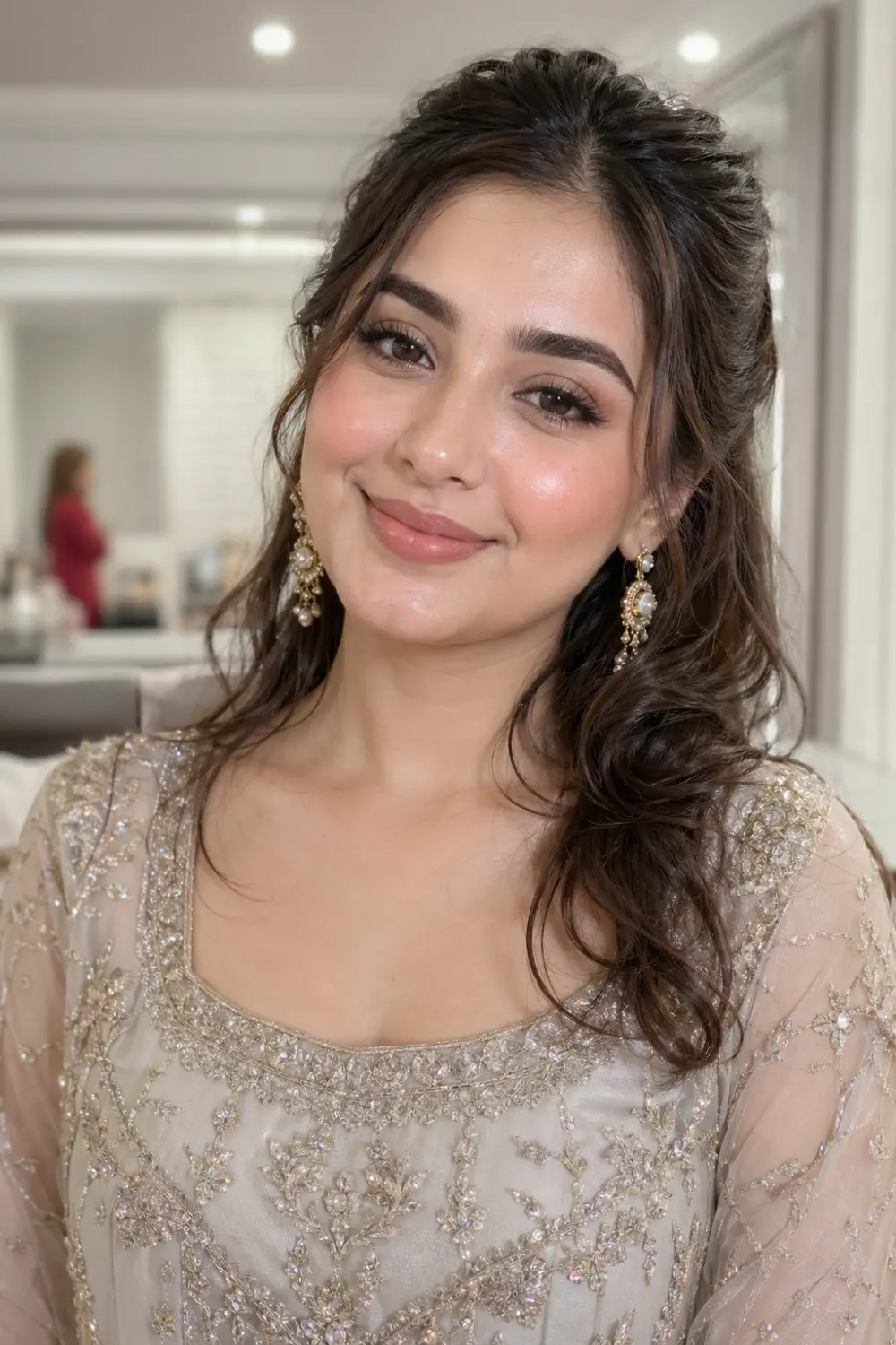 Berry blush bridesmaid makeup with soft glam finish, rich cheek color, glowing skin, Pakistani bridesmaid portrait, elegant bridal makeup look