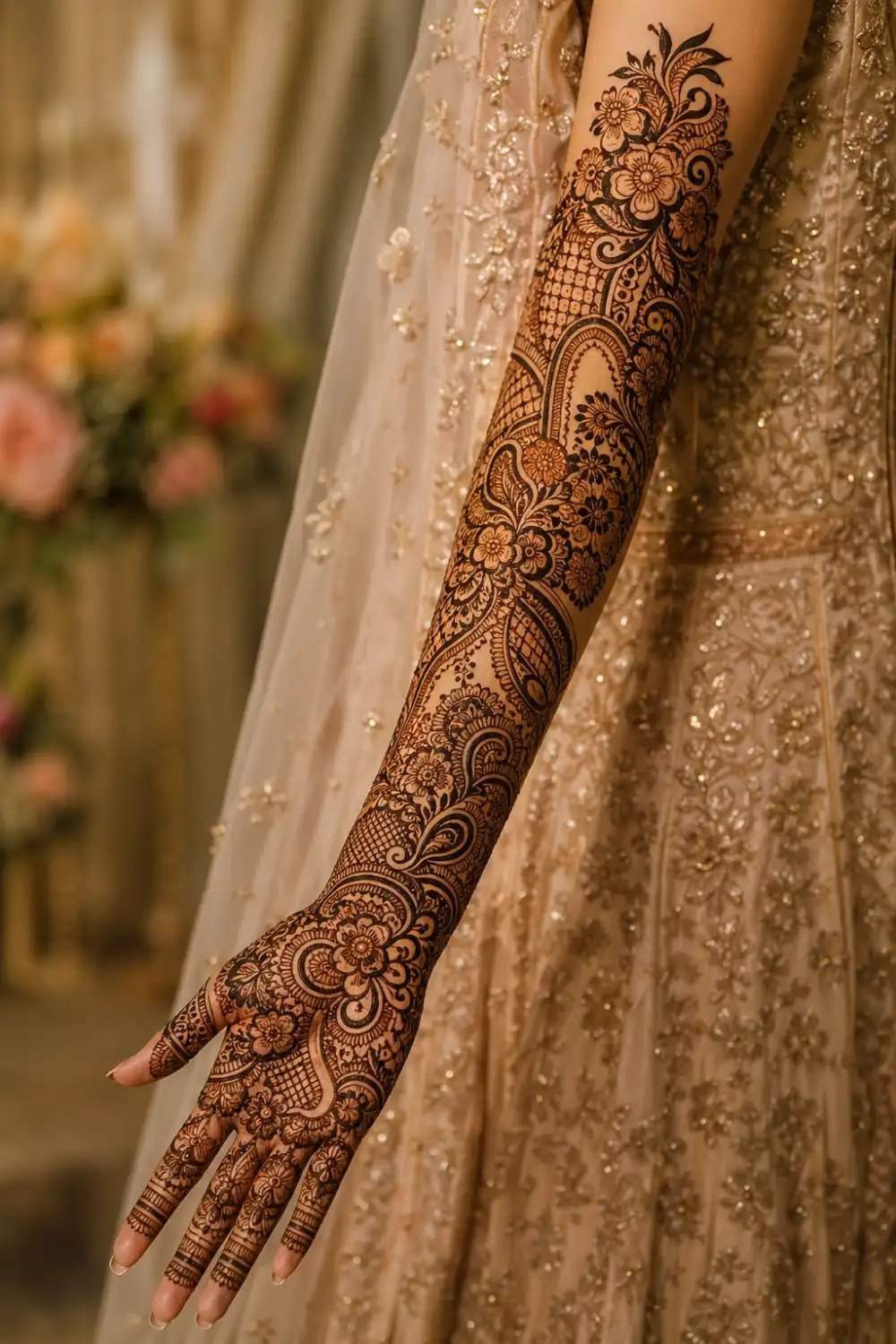 indo Arabic fusion full sleeve mehndi design combining bold floral patterns with fine detailed fillers, balanced layout across arm, intricate henna from fingertips to elbow, modern traditional bridal style
