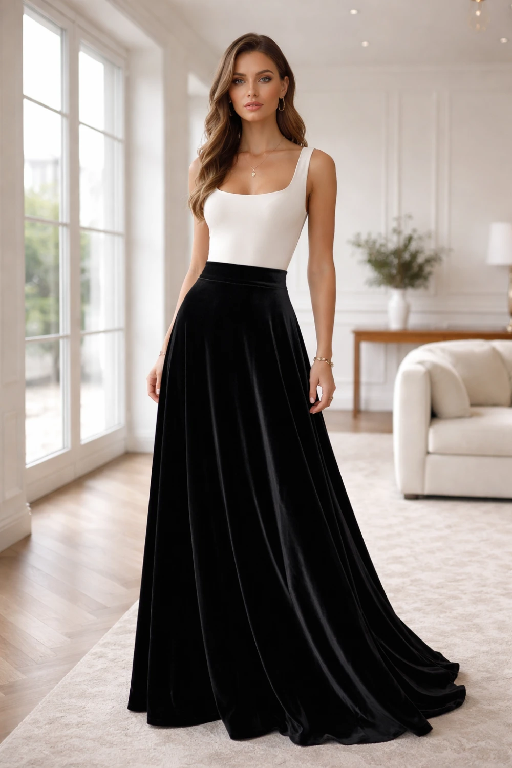 Black velvet maxi skirt paired with a fitted top on a model in a bright elegant room, flowing skirt, clean silhouette, classy outfit idea