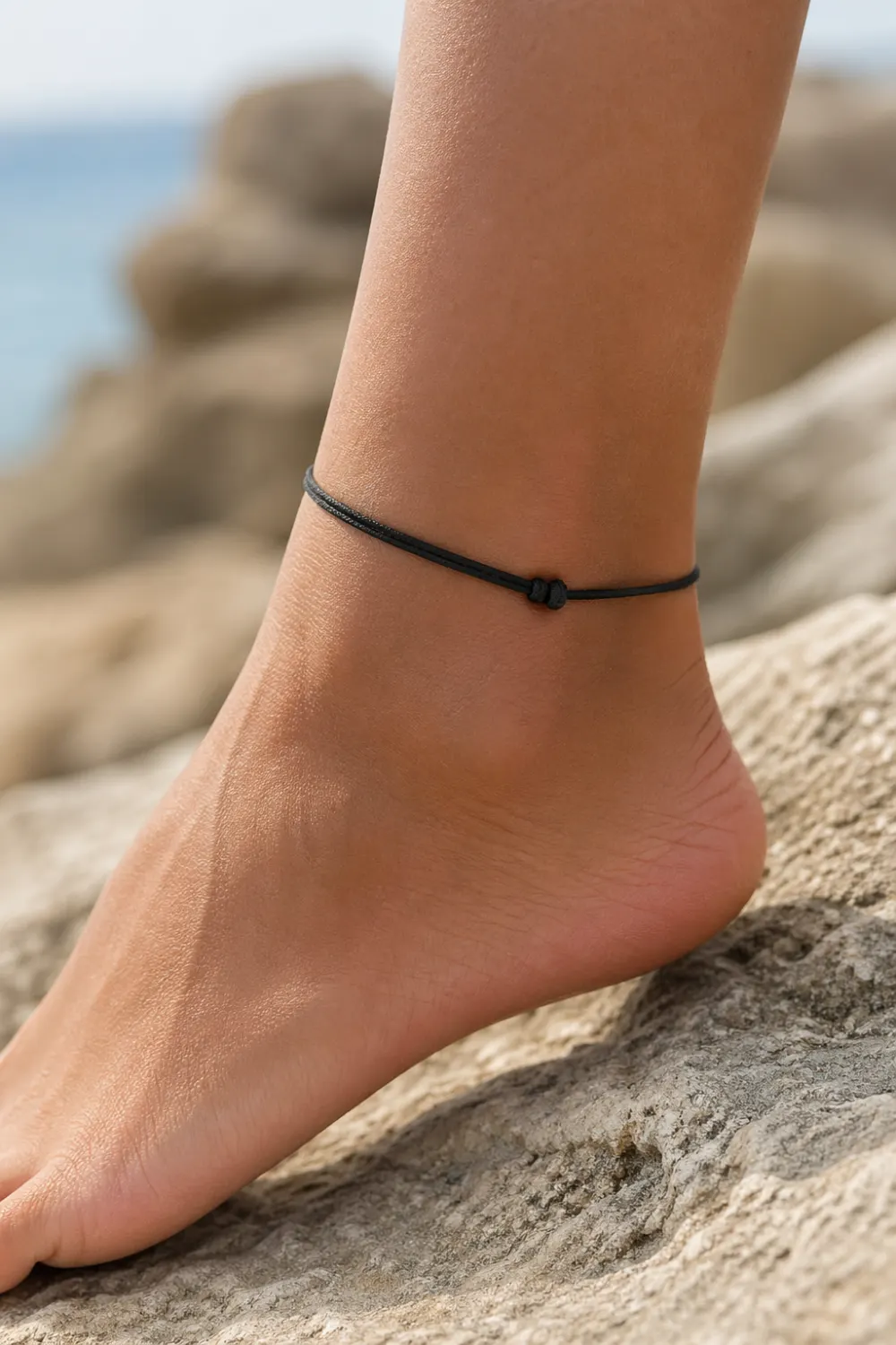 black cord anklet simple adjustable knot on ankle beach rock minimal casual anklet summer aesthetic close up