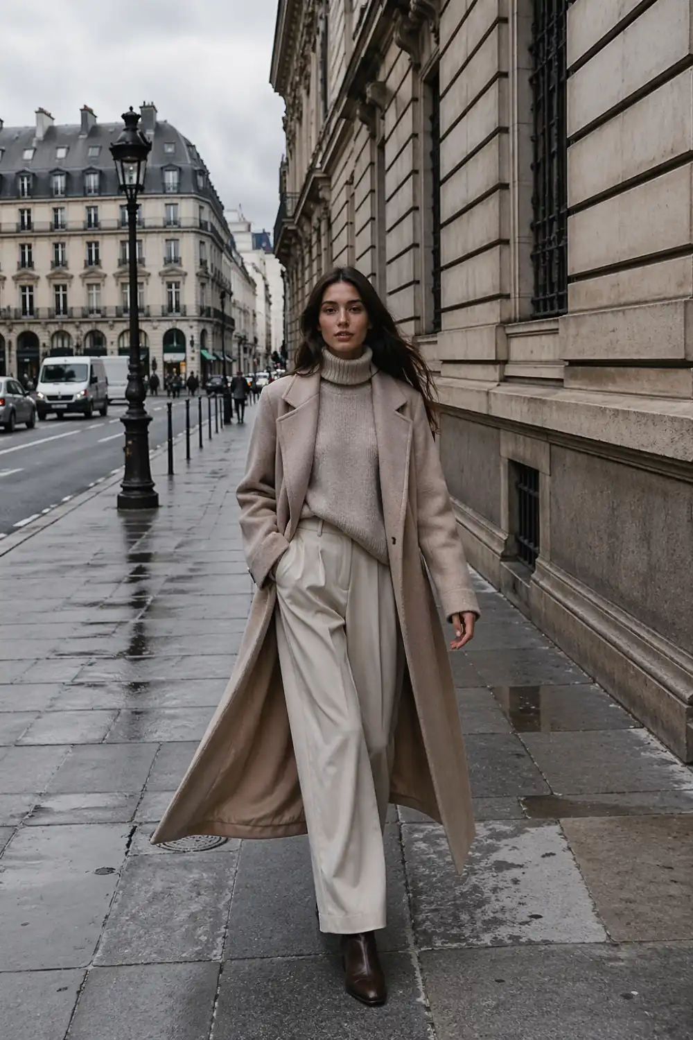 long coat neutral outfit layered winter look poetcore aesthetic full body city street style elegant minimal fashion cold weather outfit