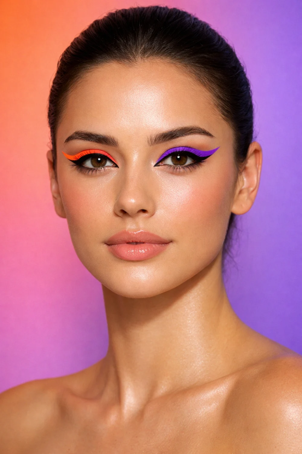 split color eyeliner orange purple bold graphic liner trendy eye makeup look