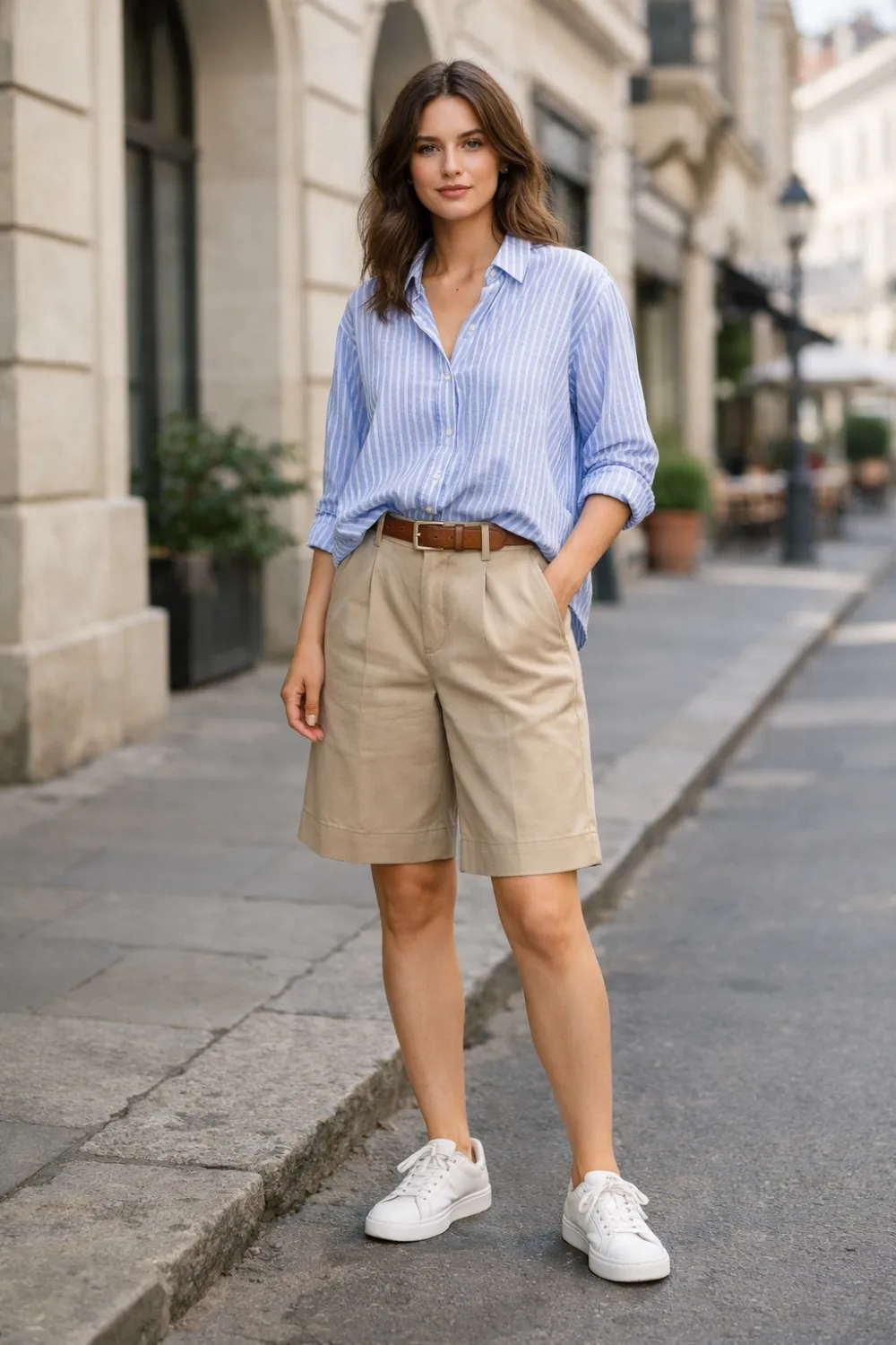 Smart casual outfit featuring striped button down shirt tucked into beige Bermuda shorts with white sneakers creating a relaxed yet polished summer street style look.