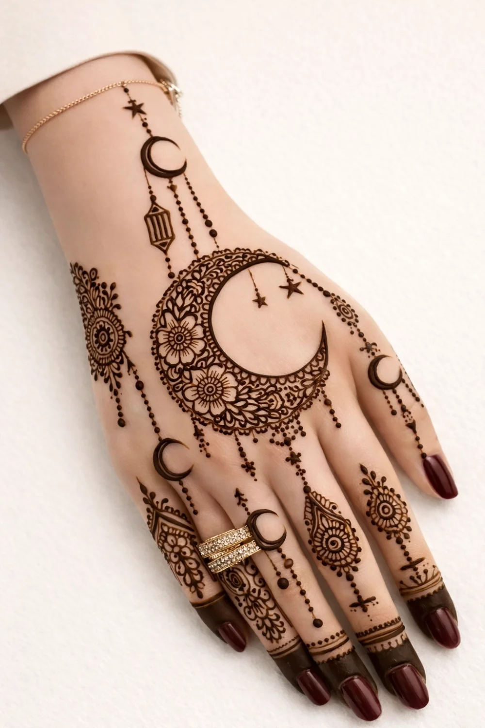 Ornamental crescent moon mehndi design with floral patterns and hanging chains across the hand, elegant Arabic henna style perfect for weddings, Eid, and festive celebrations.