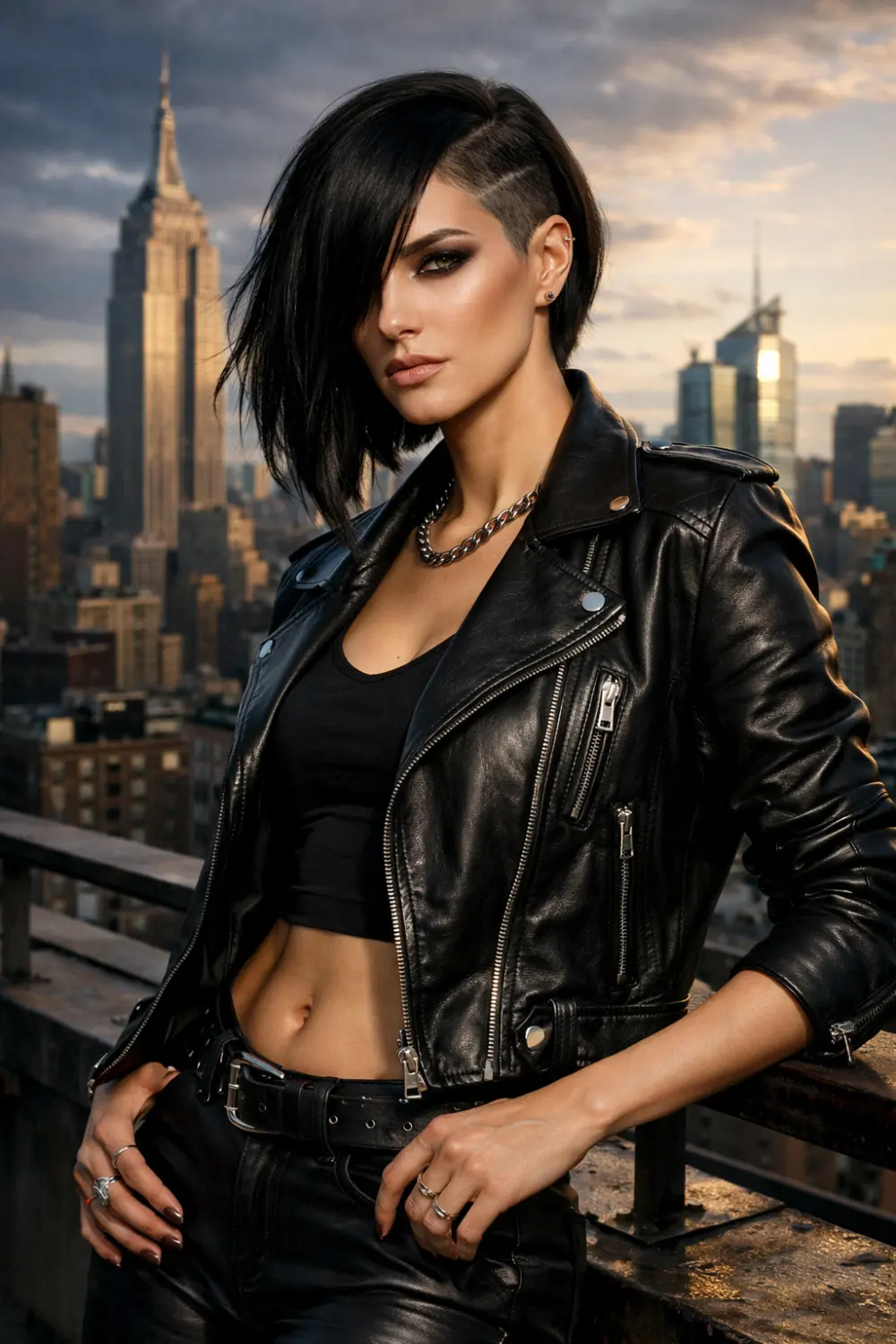 Edgy woman with asymmetrical lob haircut and shaved undercut detail on one side, sleek dramatic hairstyle styled in a rooftop city skyline photoshoot.