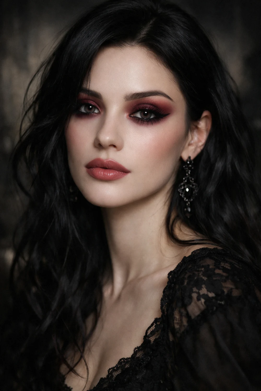 Crimson shadow romantic makeup featuring deep red eyeshadow soft neutral lips glowing skin and mysterious dark romantic beauty aesthetic perfect for dramatic makeup inspiration