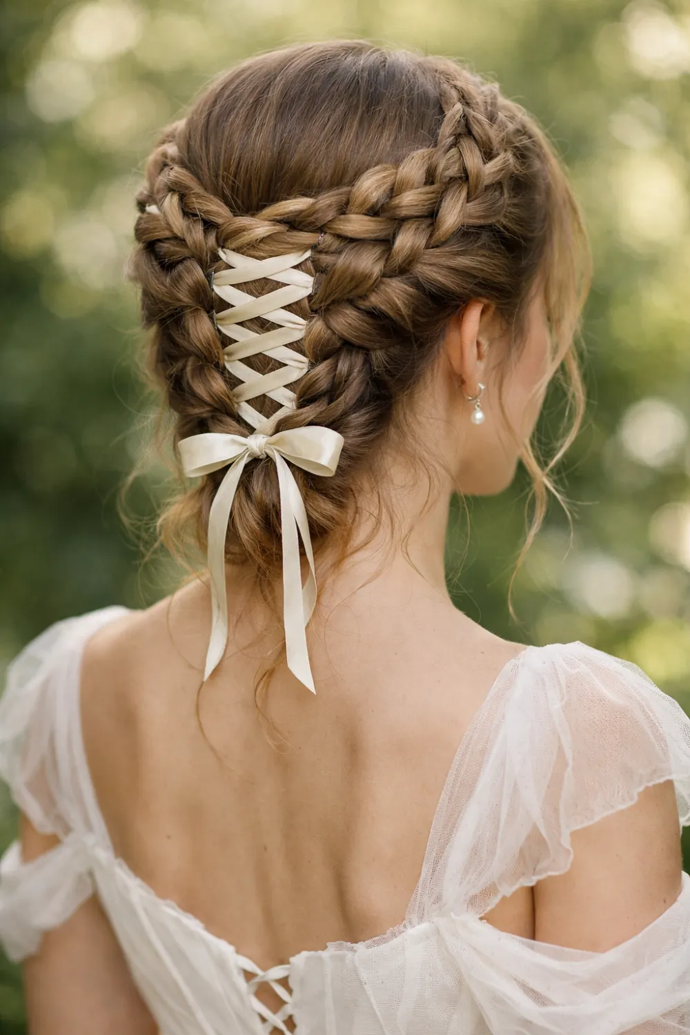 Crown corset braid hairstyle with braids wrapped around the head and ribbon lacing forming a corset pattern at the back, romantic braided hairstyle for long hair