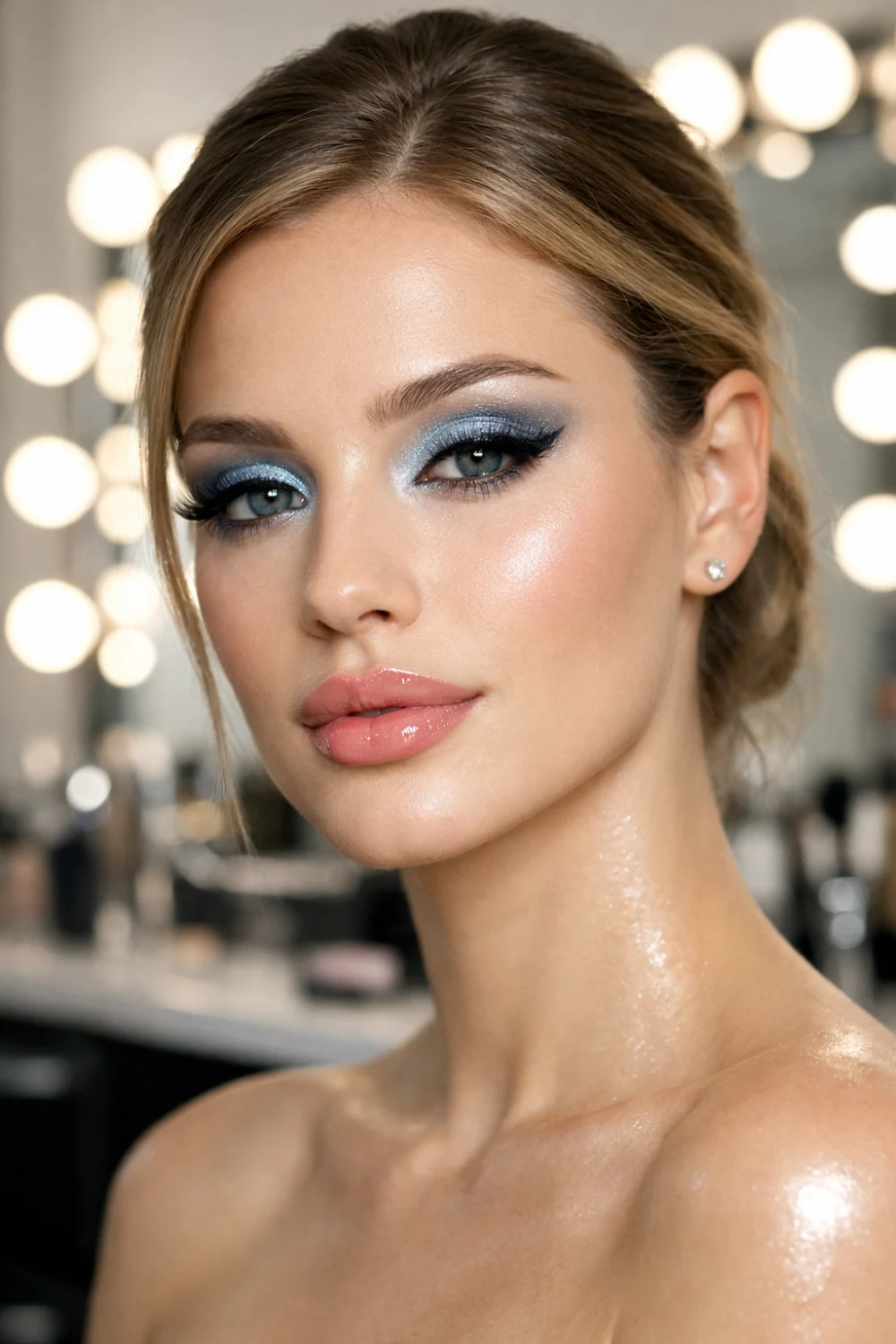 Cool toned blue grey frosted eye makeup with glowing skin highlight and matte pink lips in a professional makeup salon photoshoot creating an elegant evening glam style.