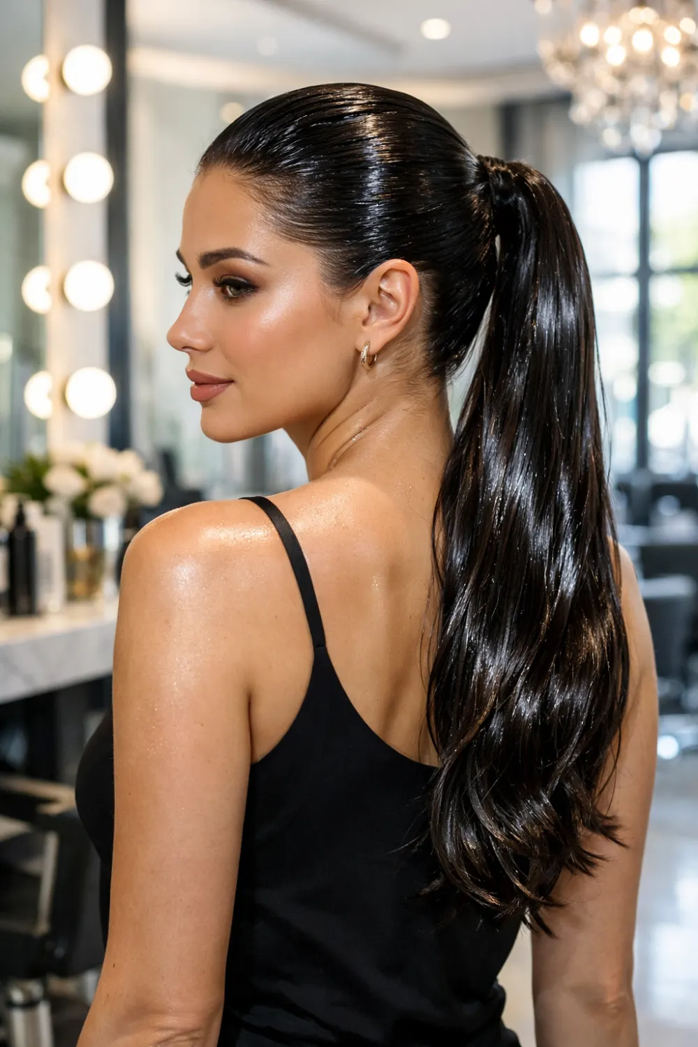 Glossy slicked back wet ponytail hairstyle with sleek shiny hair tied into a long ponytail inside a luxury salon, a bold polished hair idea.