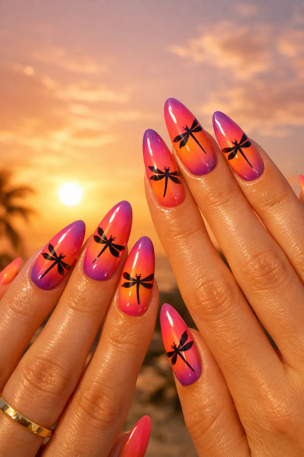 sunset ombre dragonfly nail art with orange pink gradient summer nails inspiration