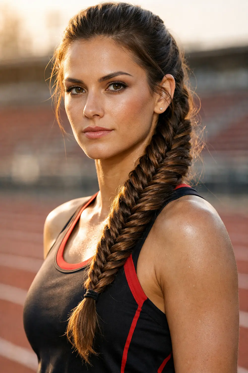Female athlete with fishtail braid hairstyle standing on stadium running track, sporty braid hair inspiration for runners, track practice hairstyle and training look