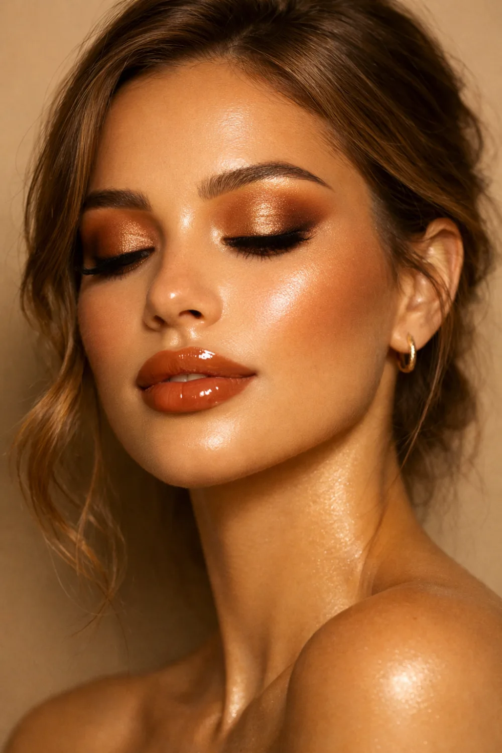 Caramel gloss latte makeup look featuring shimmering caramel eyeshadow glowing bronzed skin and glossy caramel lips creating a rich warm beauty aesthetic trending on Pinterest.