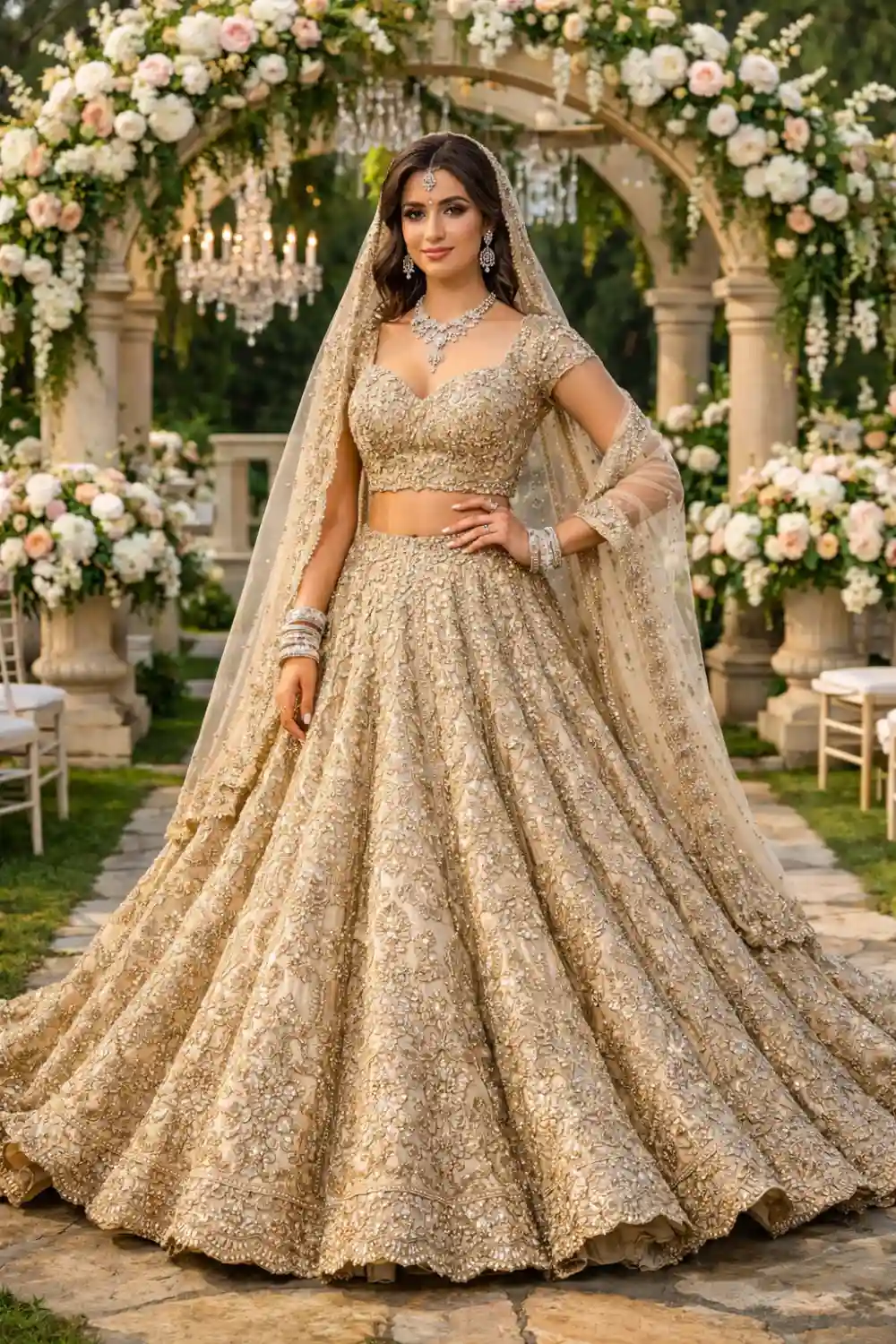 Modern Indian bride wearing a champagne gold bridal lehenga with intricate embroidery and flowing dupatta, standing in an elegant outdoor wedding garden decorated with flowers.
