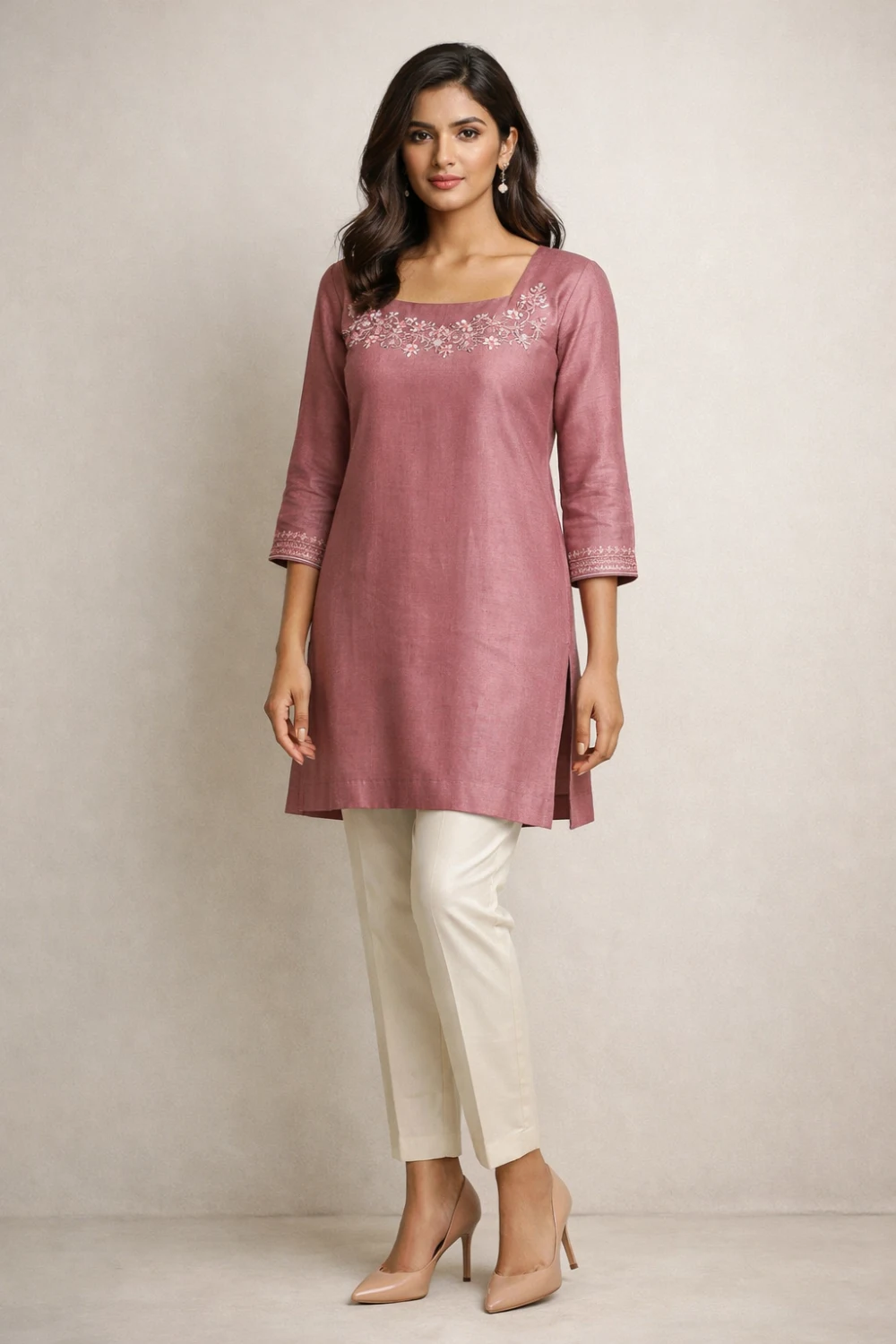 Dusty rose embroidered kurti with minimal floral embroidery on neckline and sleeves paired with neutral trousers, elegant everyday designer kurti outfit idea.