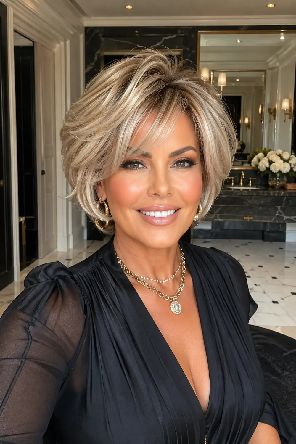 voluminous bixie haircut with blowout styling, lifted roots, full body short hairstyle, bouncy layered bixie cut inspiration for women