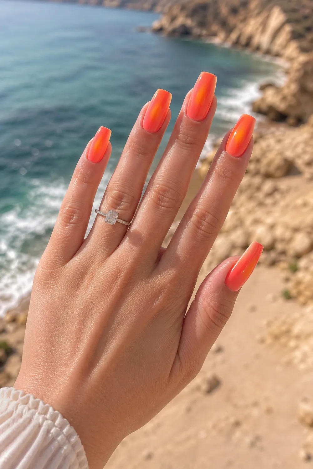 coral sunset halo nails glossy coffin gel nails bright coral orange gradient glow summer beach nails vibrant aura manicure trendy vacation nails