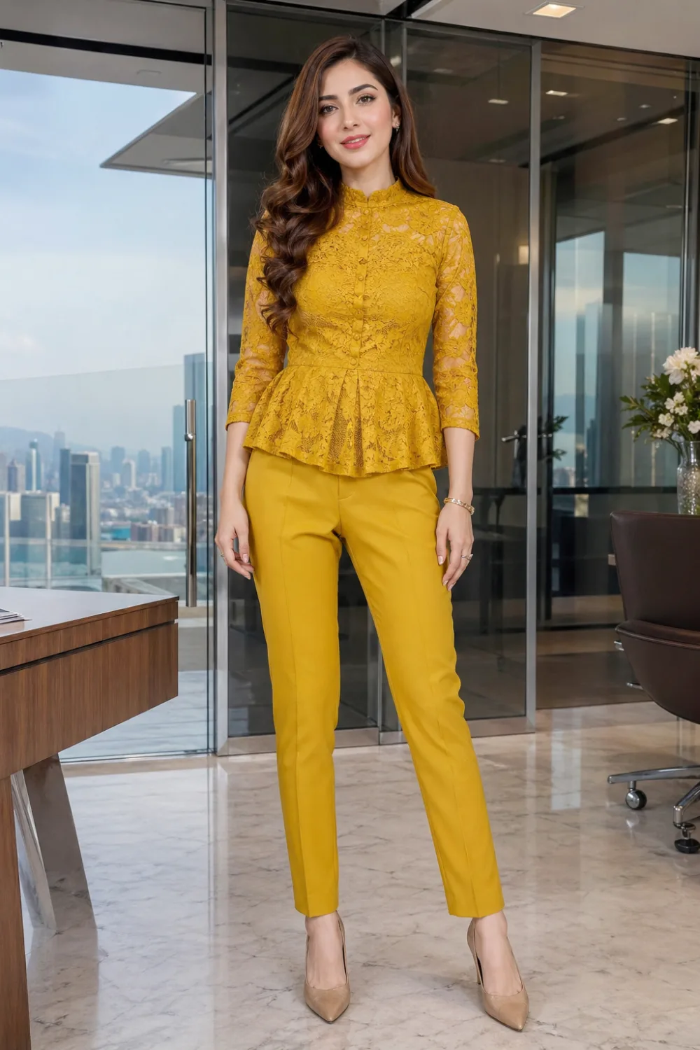 mustard lace peplum top with tailored pants outfit, office chic lace styling, structured feminine workwear outfit, modern professional fashion look, elegant smart casual outfit