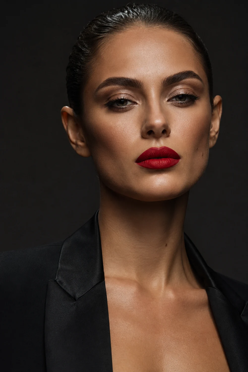 Full glam beauty portrait with strong contour, defined cheekbones, bold red lipstick, slicked back hair, dark background, dramatic lighting, powerful editorial makeup look