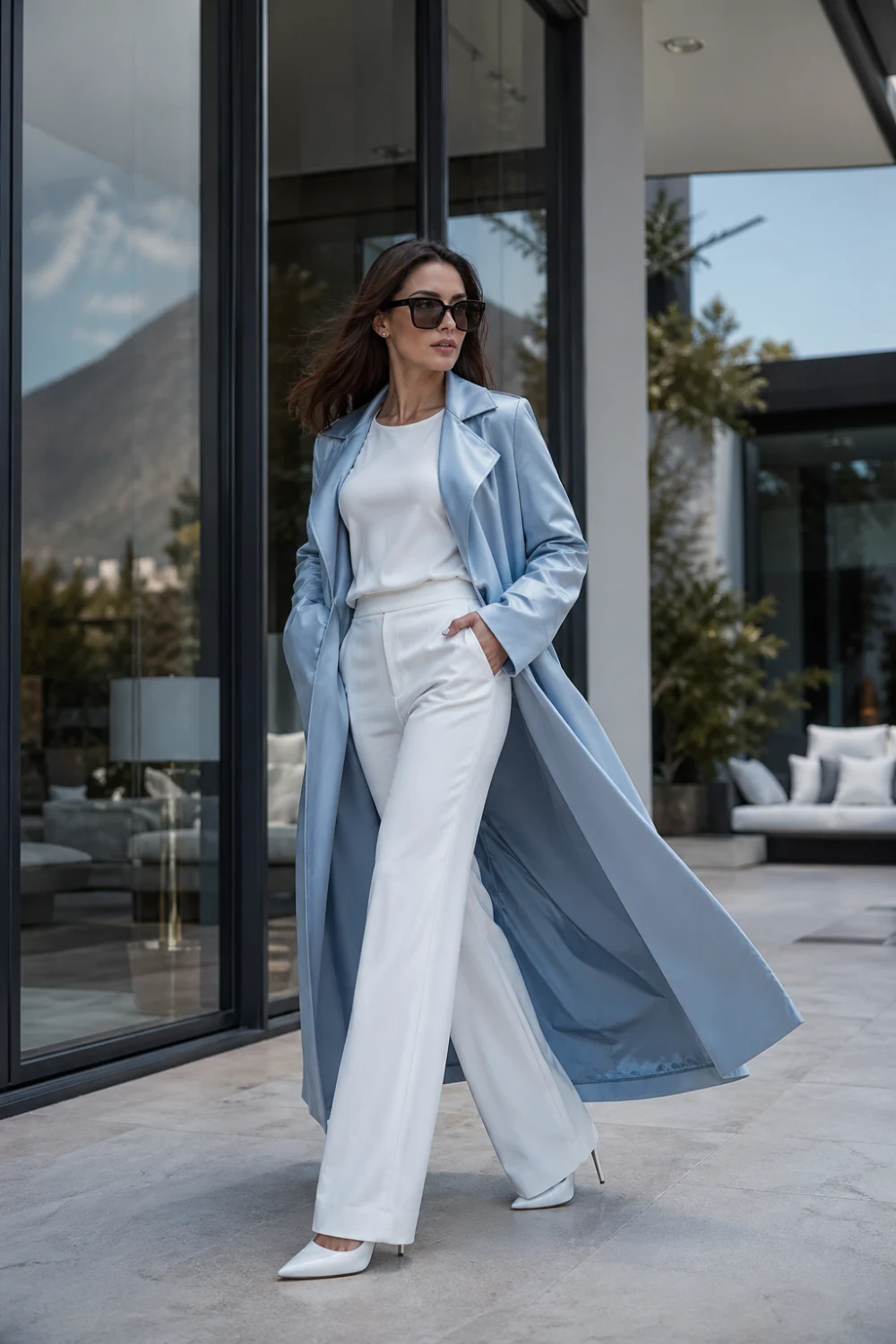 ice blue long coat outfit with white pants, layered elegant fashion look, modern minimal outfit aesthetic, pastel blue outerwear styling, chic street fashion