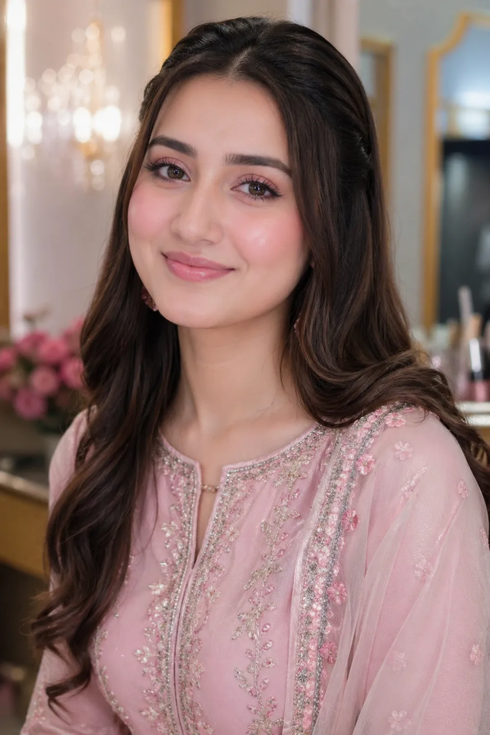 Matte rosy bridesmaid blush makeup with smooth skin, velvety finish, natural glow, Pakistani bridesmaid portrait, minimal glam bridal look