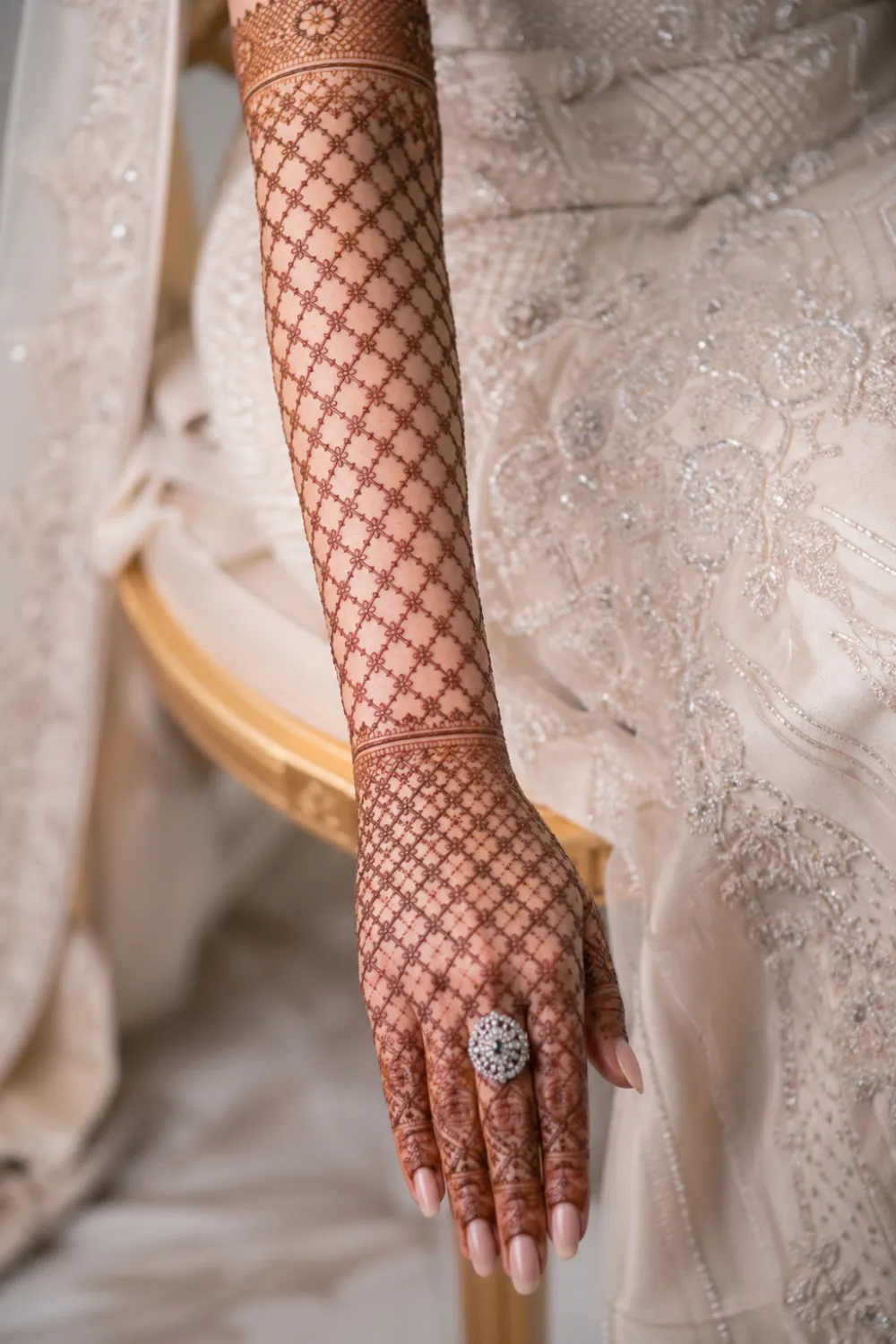 jaali net full sleeve mehndi design with lace pattern, fine criss cross lines covering arm, light breathable henna design, minimal bridal style from fingers to elbow, elegant clean look