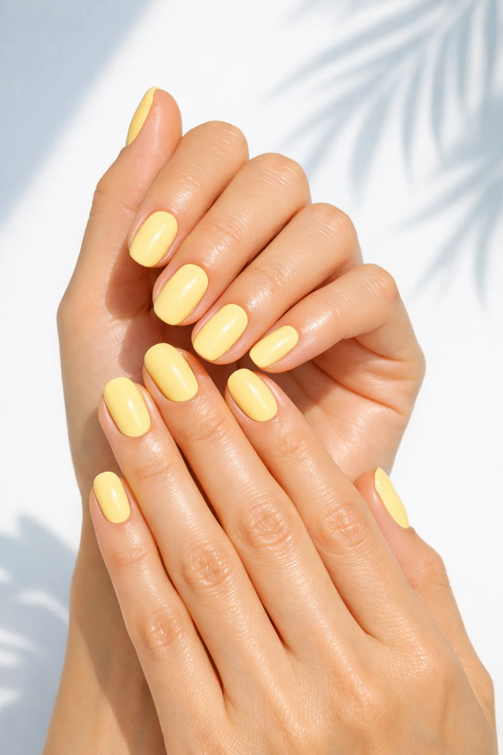 Short rounded nails painted in soft pastel yellow on feminine hands, glossy finish, bright sunlight background, clean minimal nail design