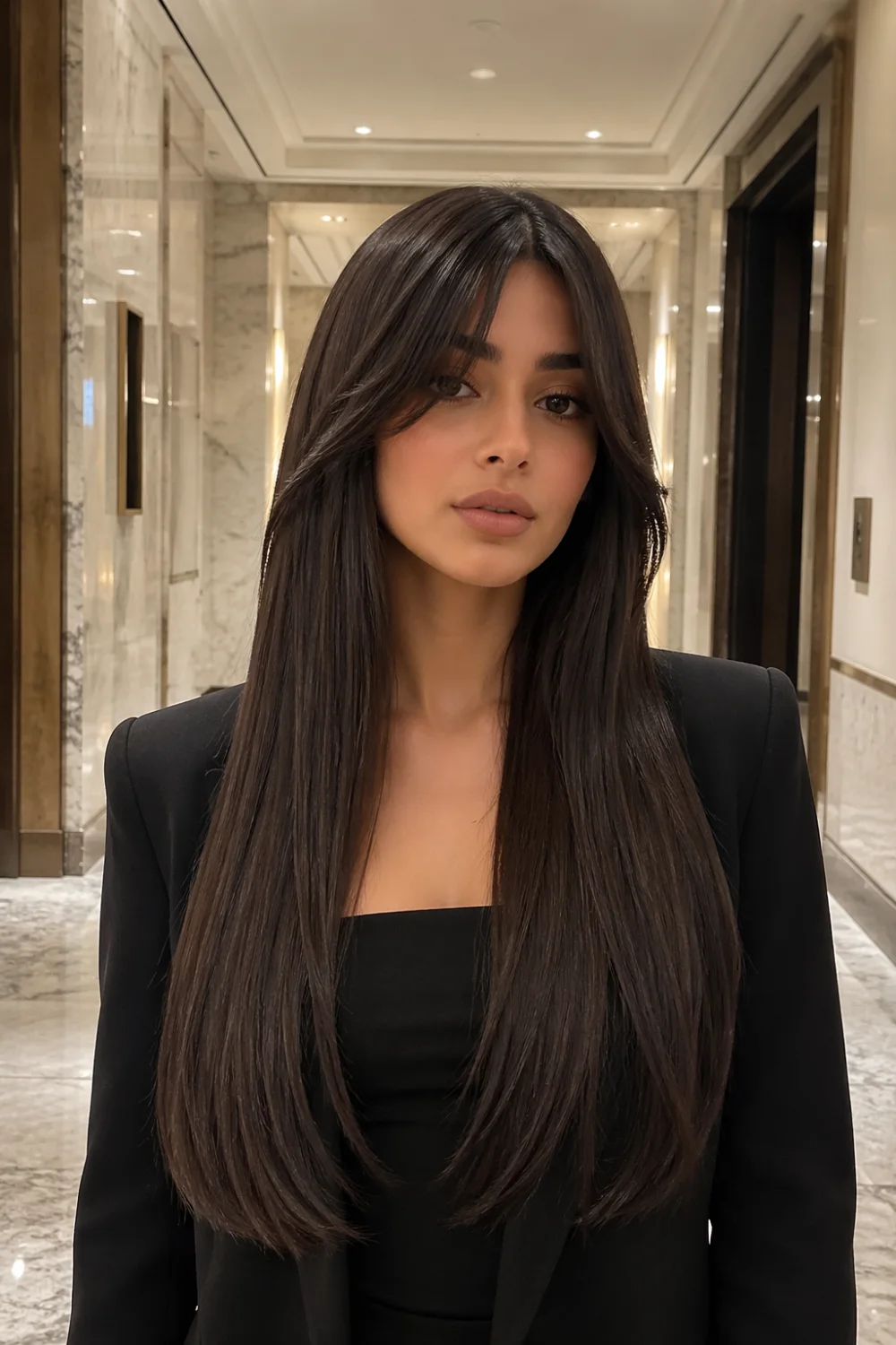 long straight silky hair with curtain bangs center parted smooth finish head to chest portrait in luxury hallway with marble interior and soft lighting realistic details