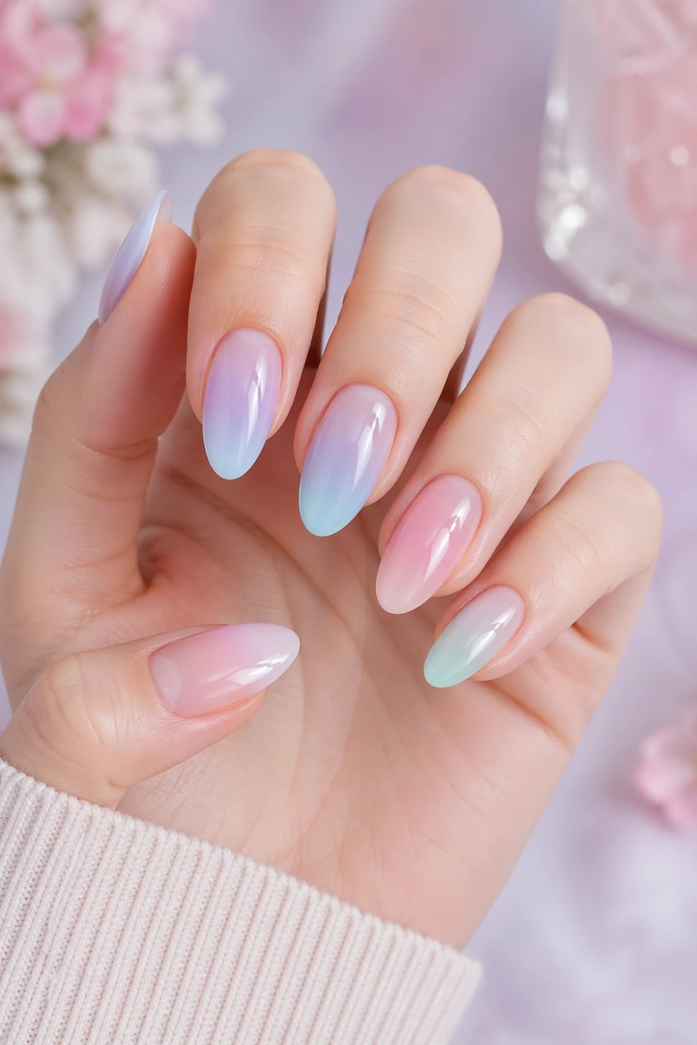 pastel milk bath nails soft pink blue lilac gradient glossy almond nails dreamy colorful aesthetic manicure 2026 nail trend