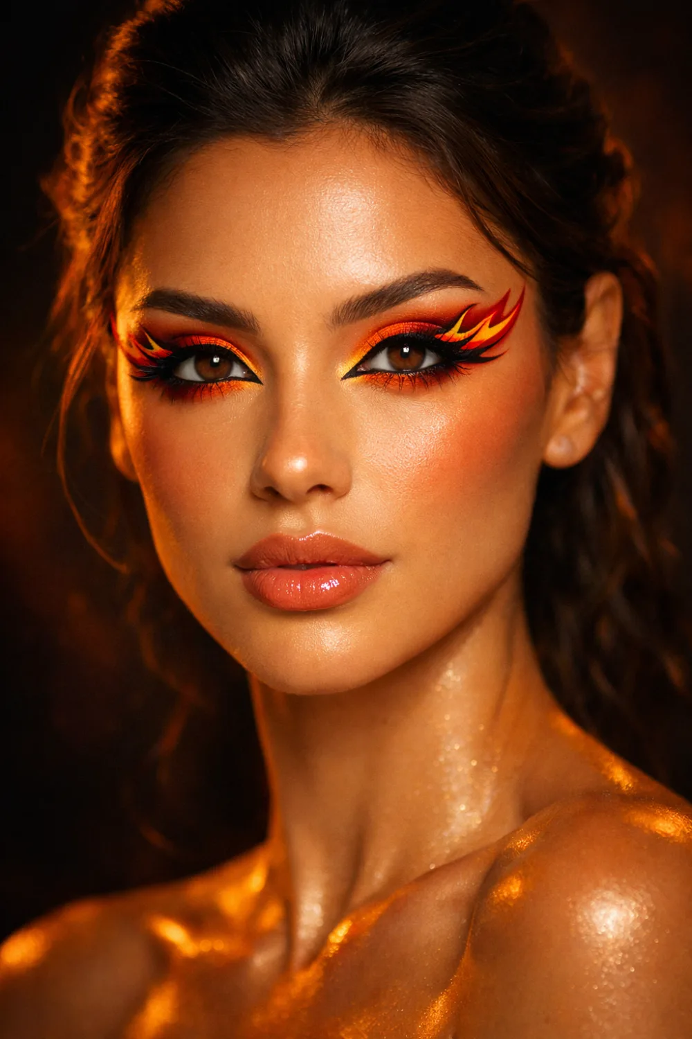flame eyeliner fiery red orange graphic liner bold dramatic eye makeup look