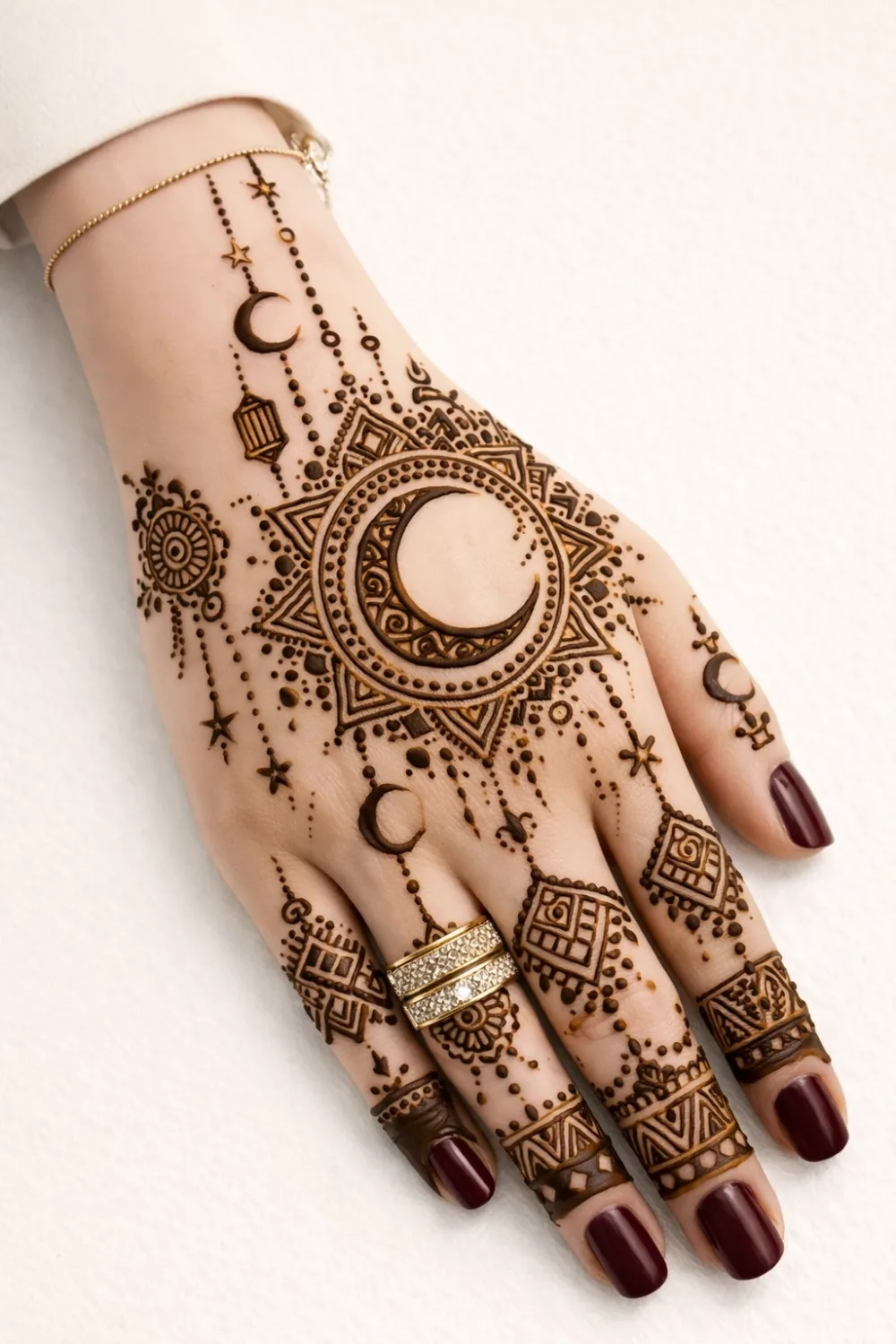 Celestial moon mandala mehndi design with stars, lantern accents, and dotted patterns on the hand, intricate Arabic henna style perfect for Eid celebrations and festive events.