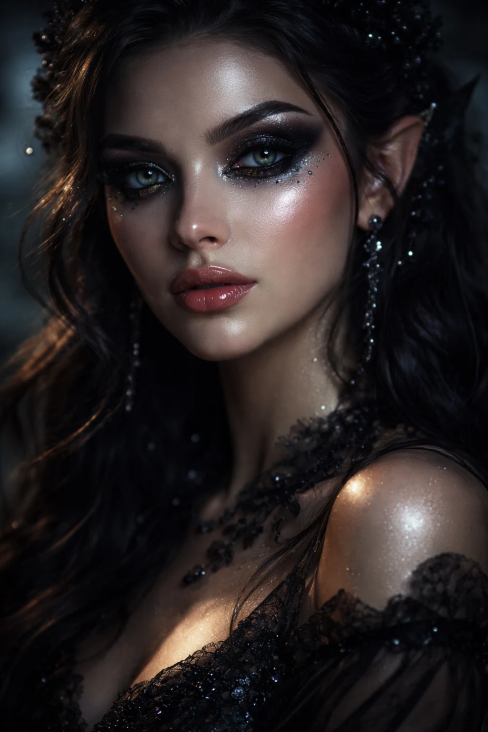 Dark enchanted fairy makeup featuring glitter smoky eyes glowing highlighted skin glossy lips and mystical dark romantic beauty aesthetic creating magical gothic glam style