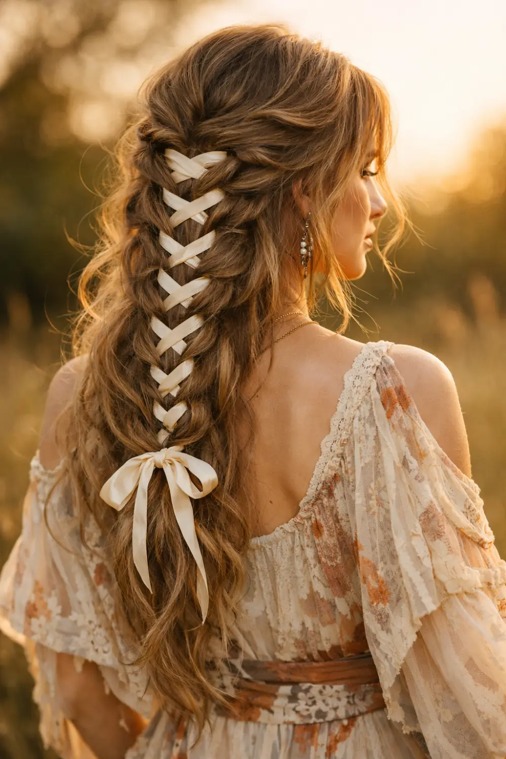 Boho corset braid hairstyle with loose braids and ribbon lacing creating a relaxed crisscross corset design, dreamy bohemian hairstyle idea for long hair