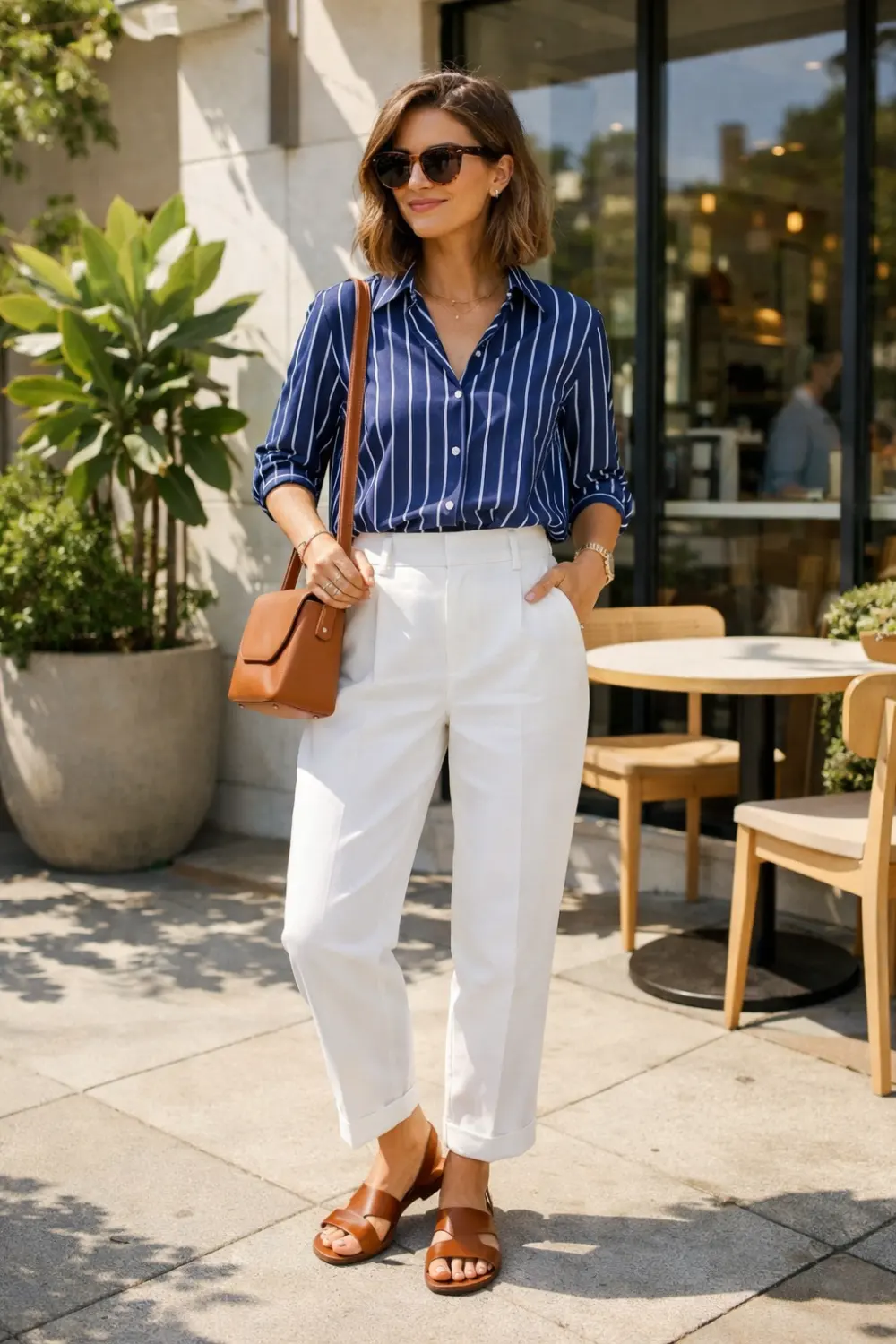 Woman wearing a navy striped button down shirt with white trousers leather sandals and sunglasses standing outside a modern café, creating a polished spring brunch outfit inspiration