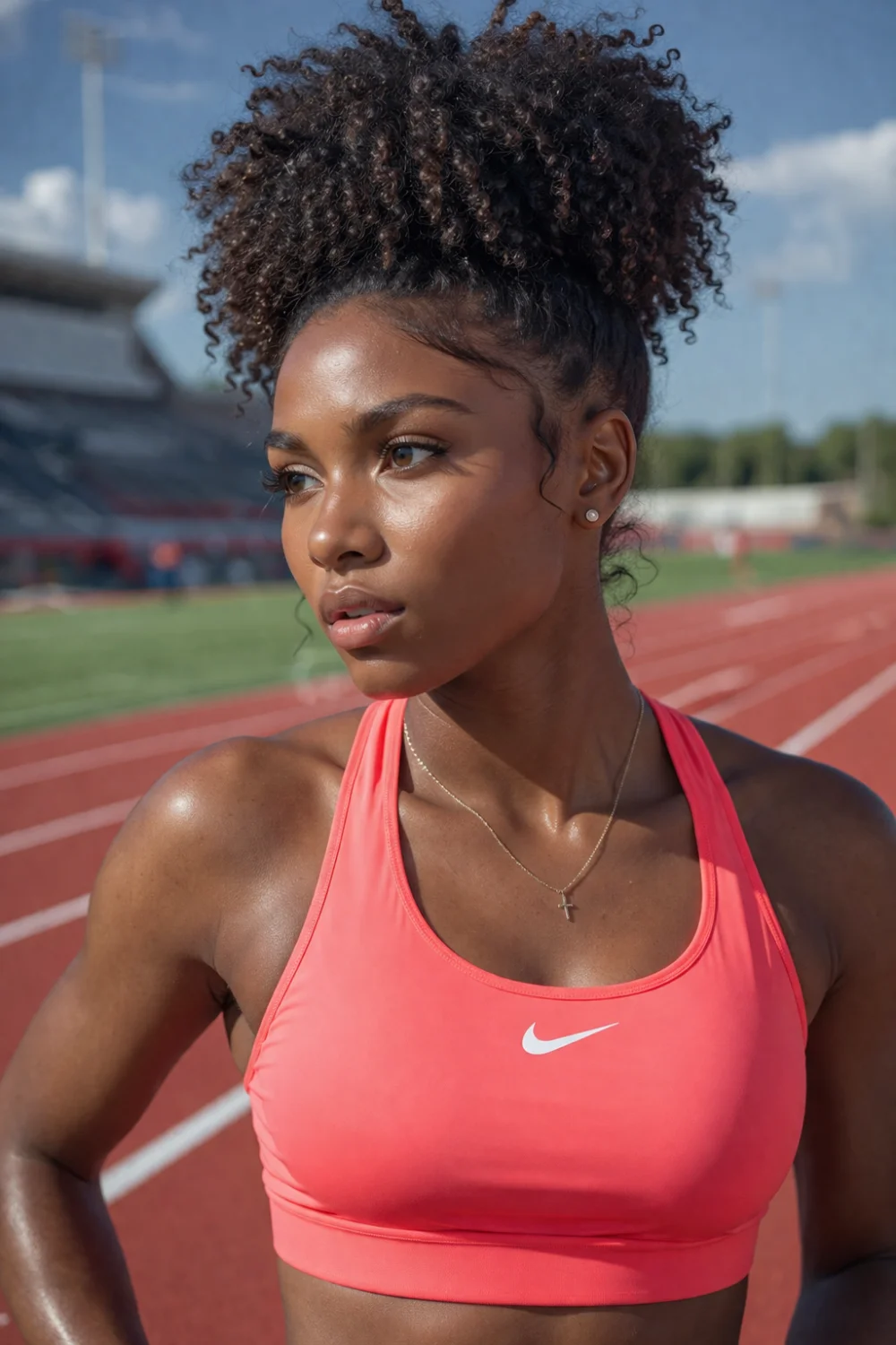 Female athlete with curly puff ponytail hairstyle on stadium track, natural curly hair inspiration for runners, track practice hairstyle and sporty training look