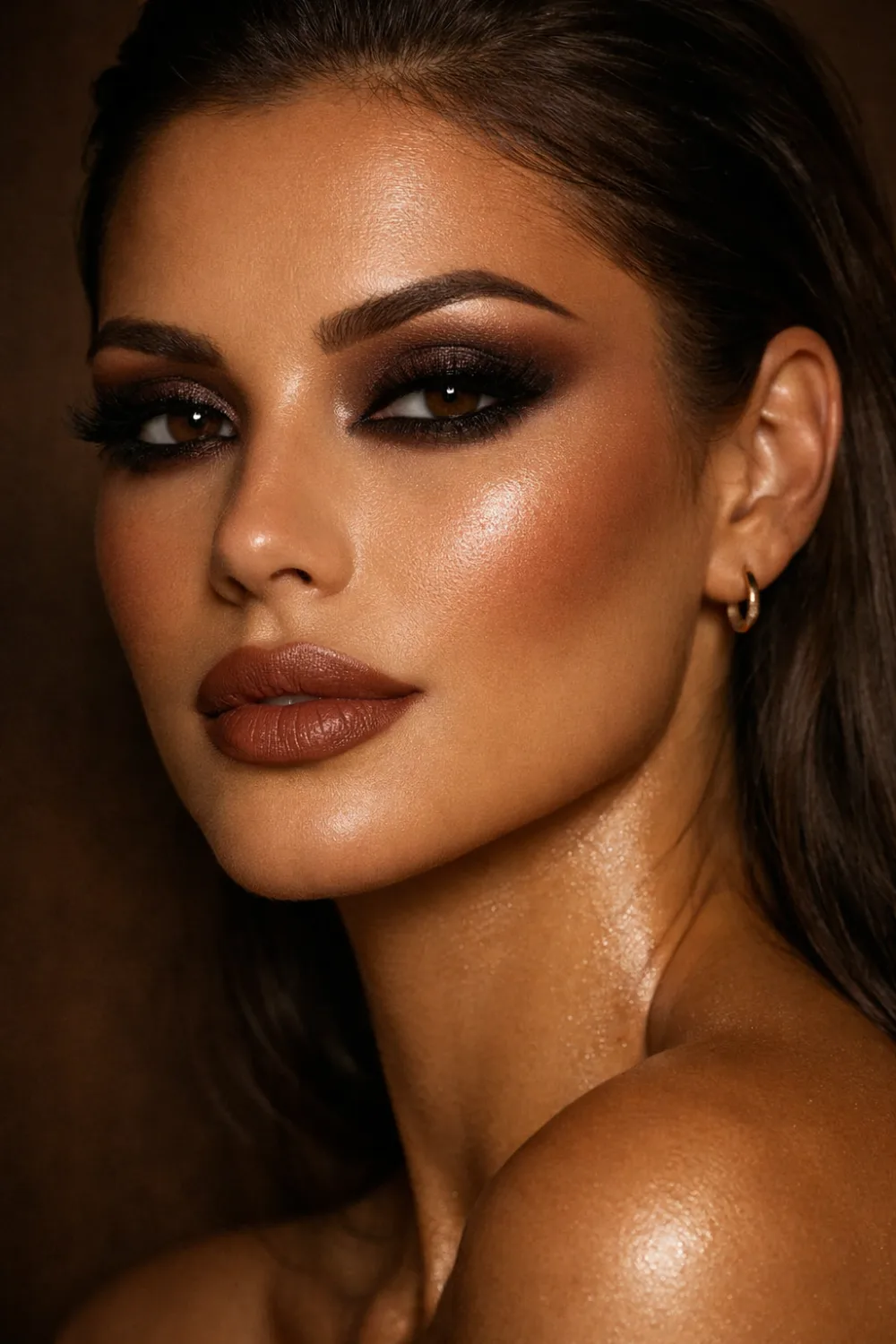 Dark chocolate latte makeup look with deep chocolate smokey eyes bronzed glowing skin and mocha nude lips creating a bold glamorous beauty style trending on Pinterest makeup boards.