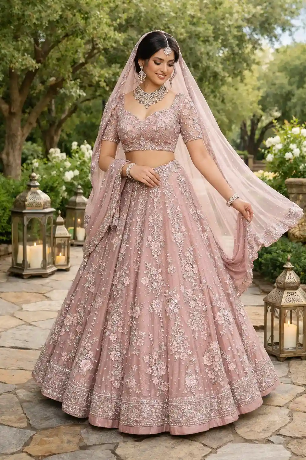 Beautiful bride wearing a dusty rose pink bridal lehenga with delicate embroidery and flowing dupatta, posing in a romantic outdoor garden wedding setting.