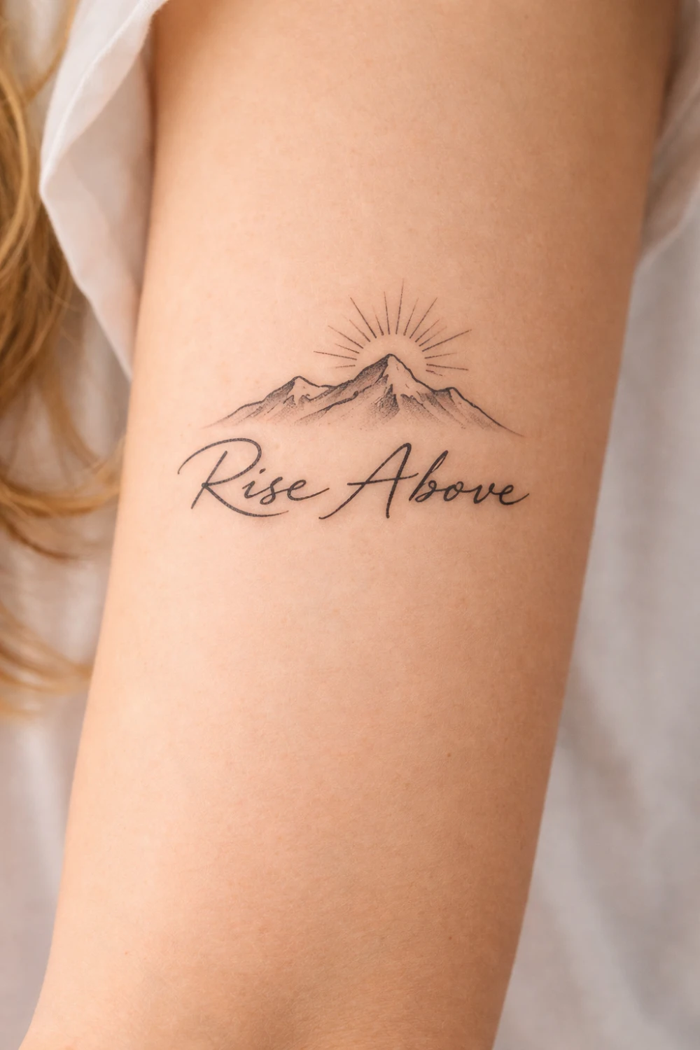 Rise Above mountain forearm tattoo for women with sunrise design symbolizing perseverance strength and overcoming challenges trending on Pinterest inspirational tattoos.
