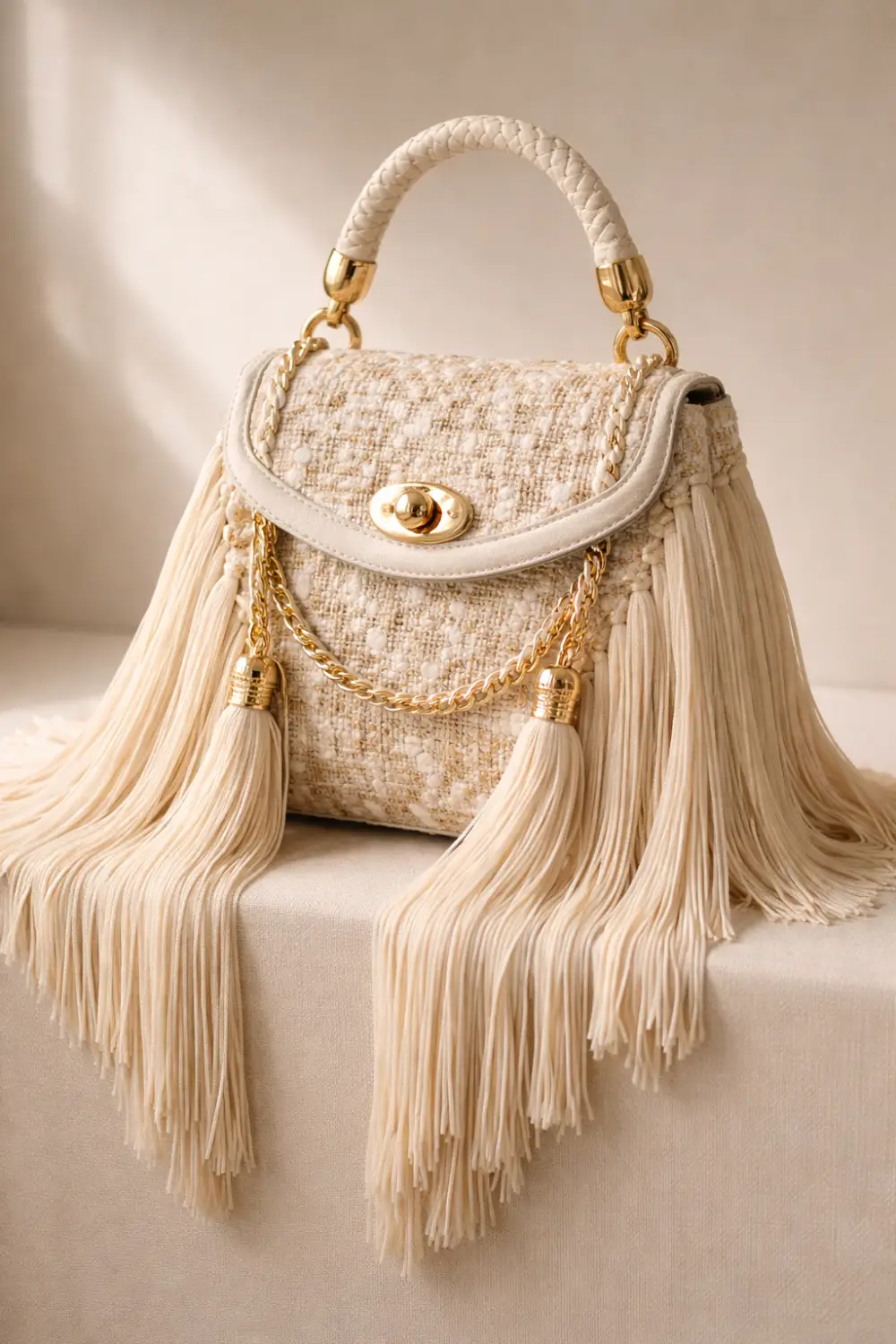 Textured cream handbag with tassels and woven fabric design placed on neutral background, statement textured handbag trend for women fashion 2026.