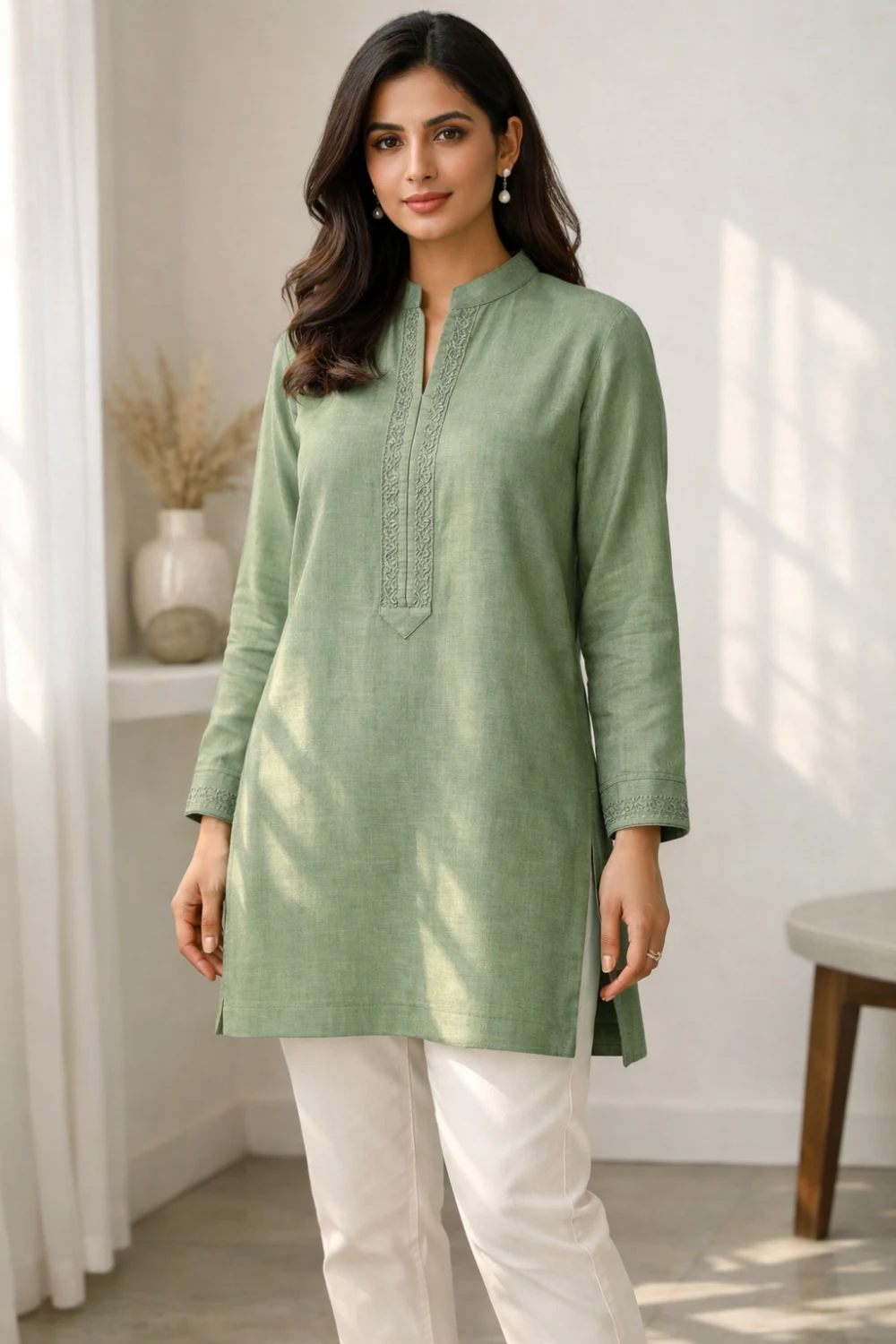 Sage green minimal kurti with delicate neckline embroidery and long sleeves paired with white trousers, stylish modern Pakistani kurti outfit for everyday wear.