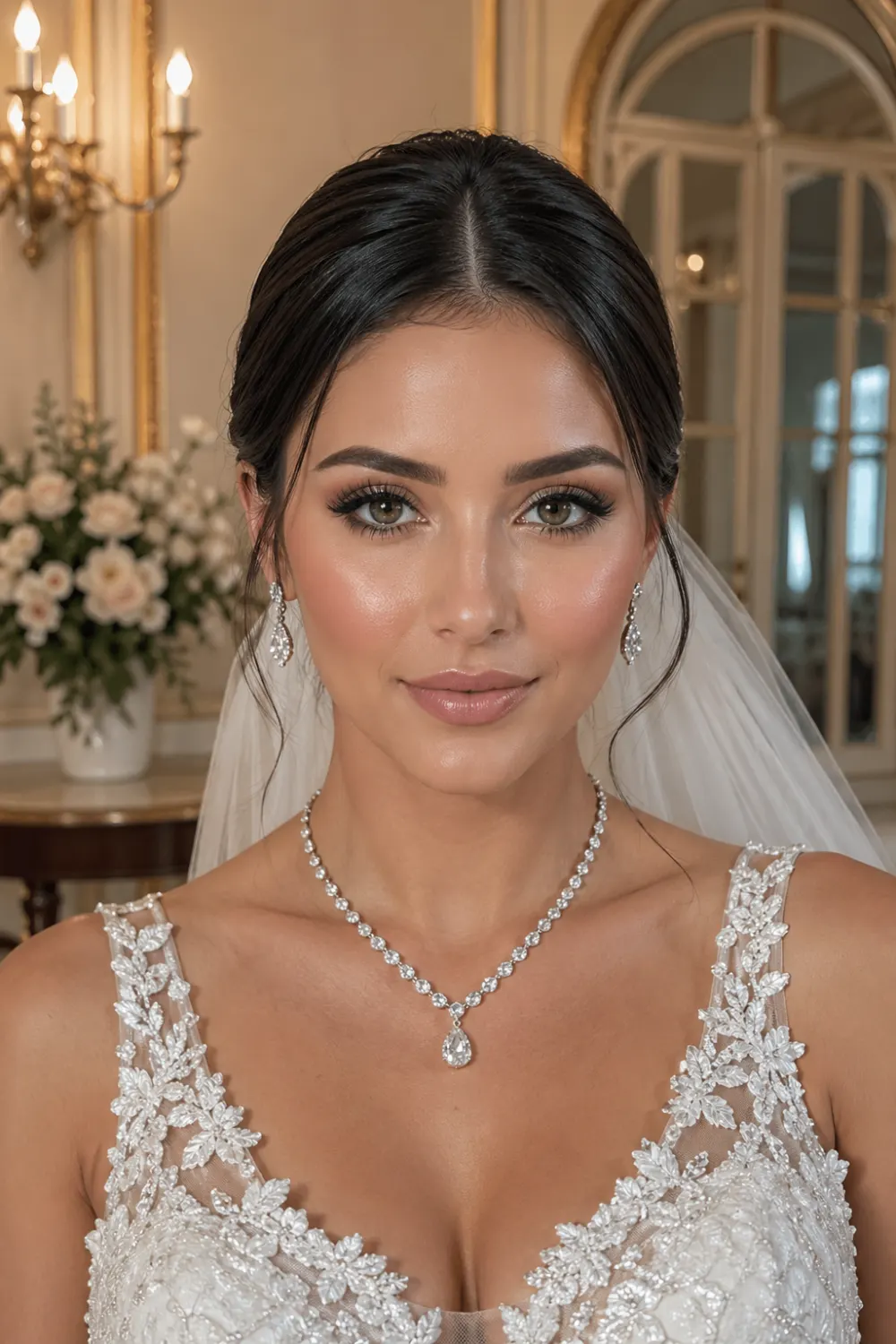 soft contour bridal makeup close up sculpted face glowing skin neutral tones elegant bridal glam makeup