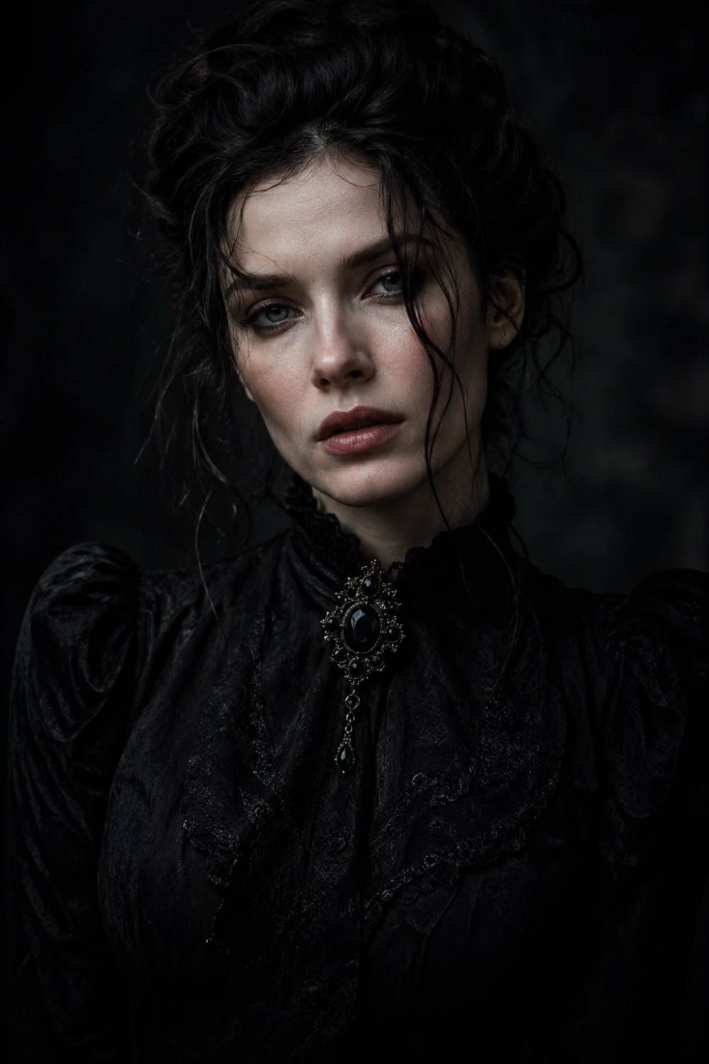 Model in a gothic black high-neck dress featuring a vintage dark crystal brooch at the neckline, moody lighting, dramatic styling, vintage-inspired elegance