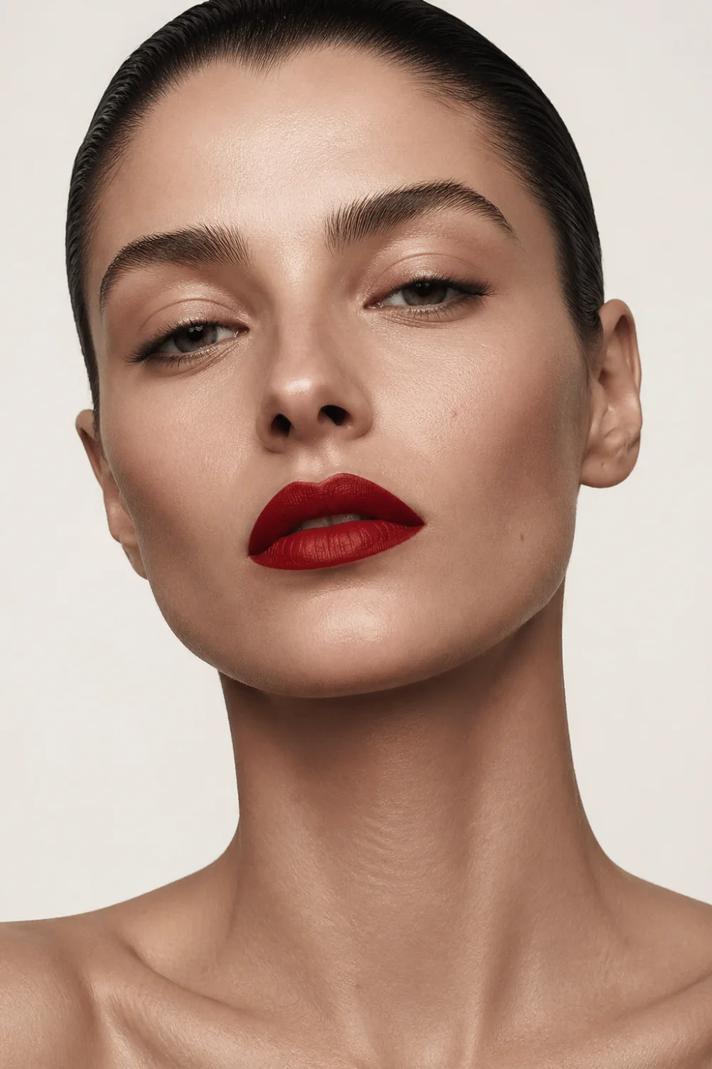 Minimal monochrome makeup look with classic red lipstick, slicked back hair, smooth neutral skin tones, clean background, soft lighting, modern timeless beauty aesthetic
