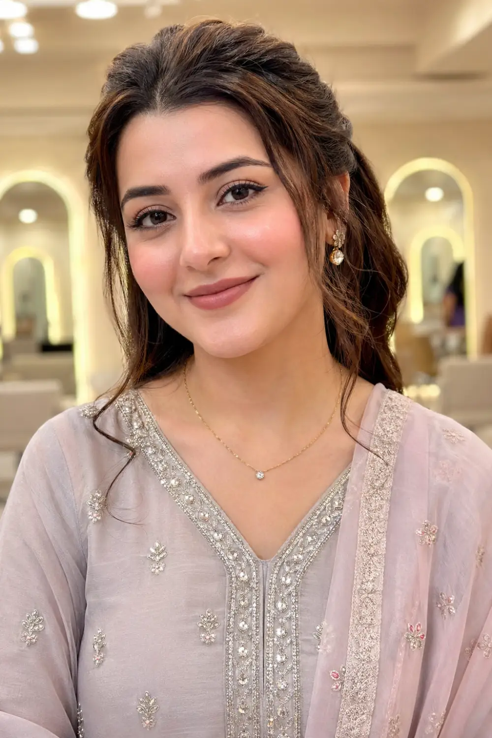 Monochrome pink bridesmaid makeup with matching blush eyes lips, cohesive soft glam look, Pakistani bridesmaid portrait, glowing skin finish