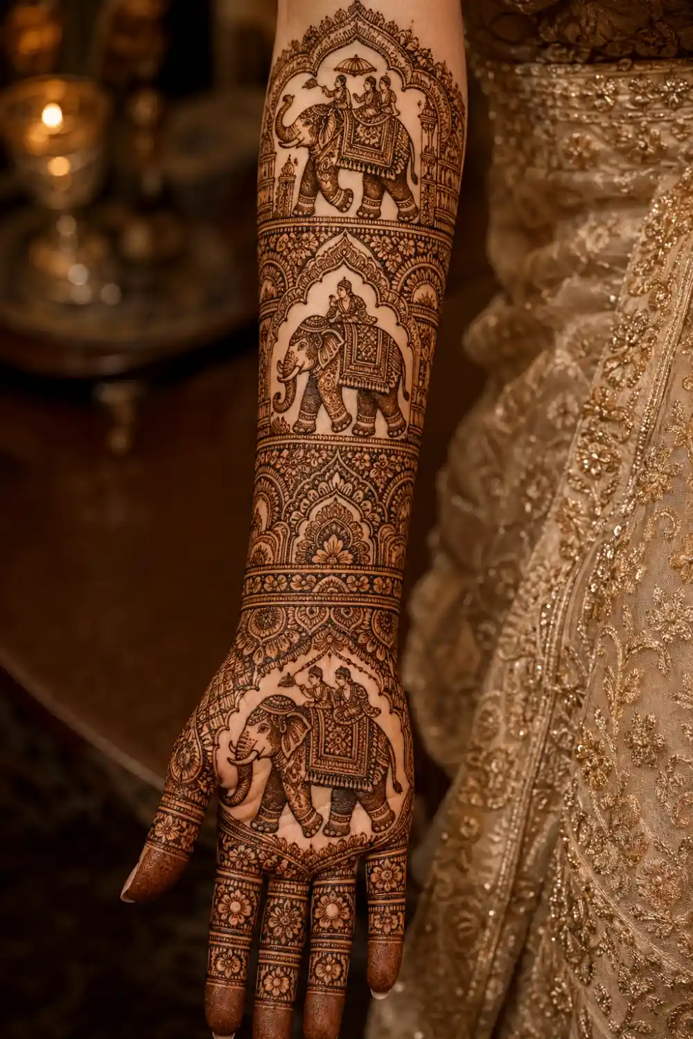 royal elephant full sleeve mehndi design with detailed elephant motifs, arches and floral patterns, traditional Rajasthani style henna, storytelling design from fingertips to elbow, rich bridal look