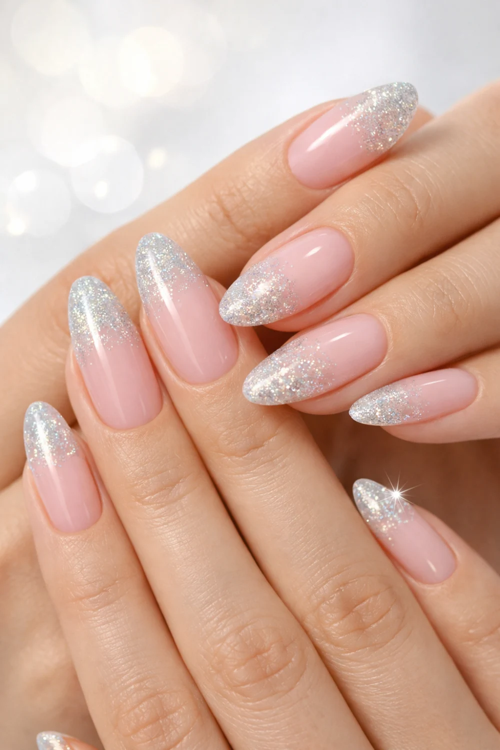 Almond-shaped nails with soft pink base fading into silver glitter tips on feminine hands, glossy finish, sparkling light reflections, elegant nail design