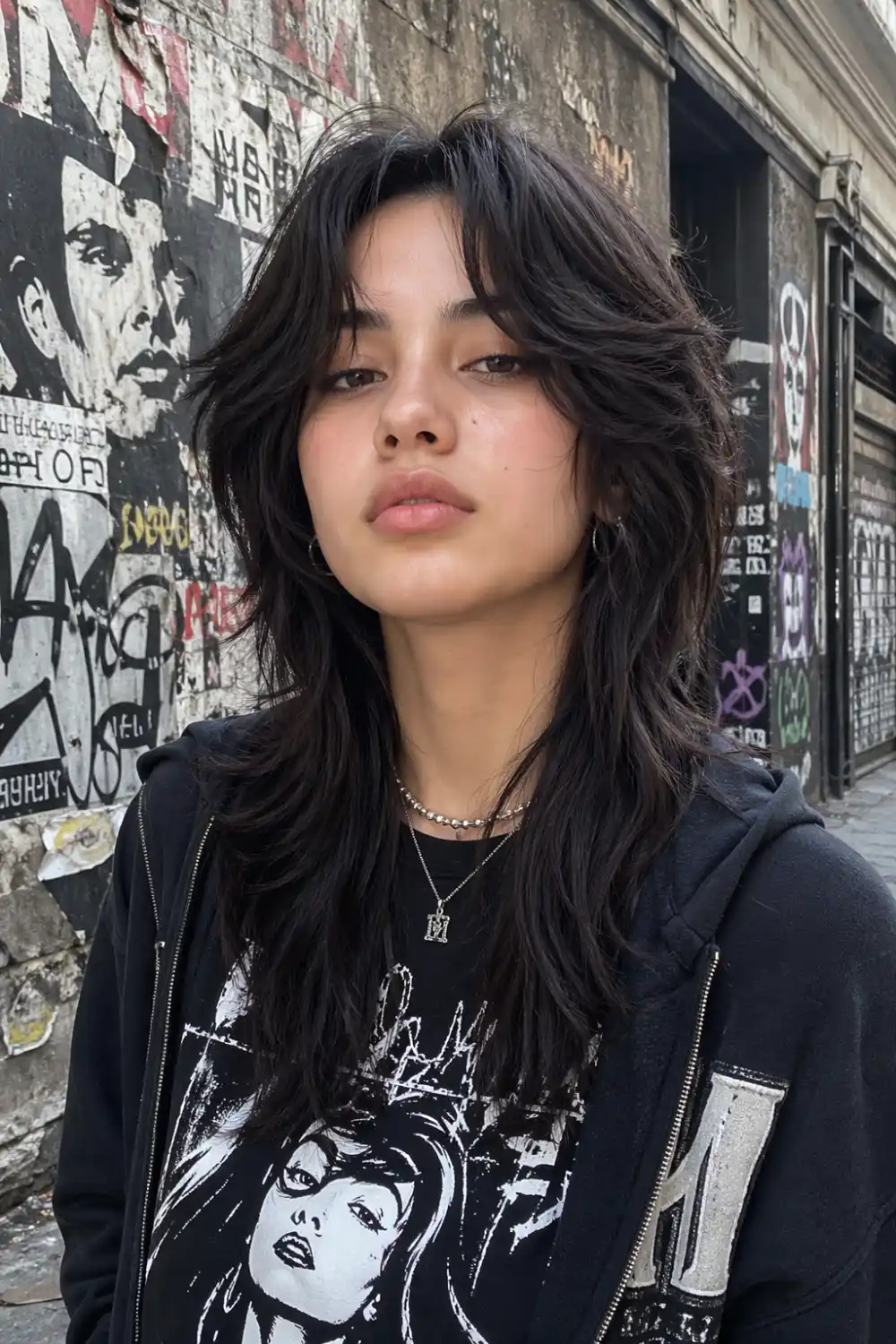 wolf cut hairstyle with curtain bangs choppy layered hair volume at crown head to chest portrait in urban alley with graffiti walls and realistic street environment
